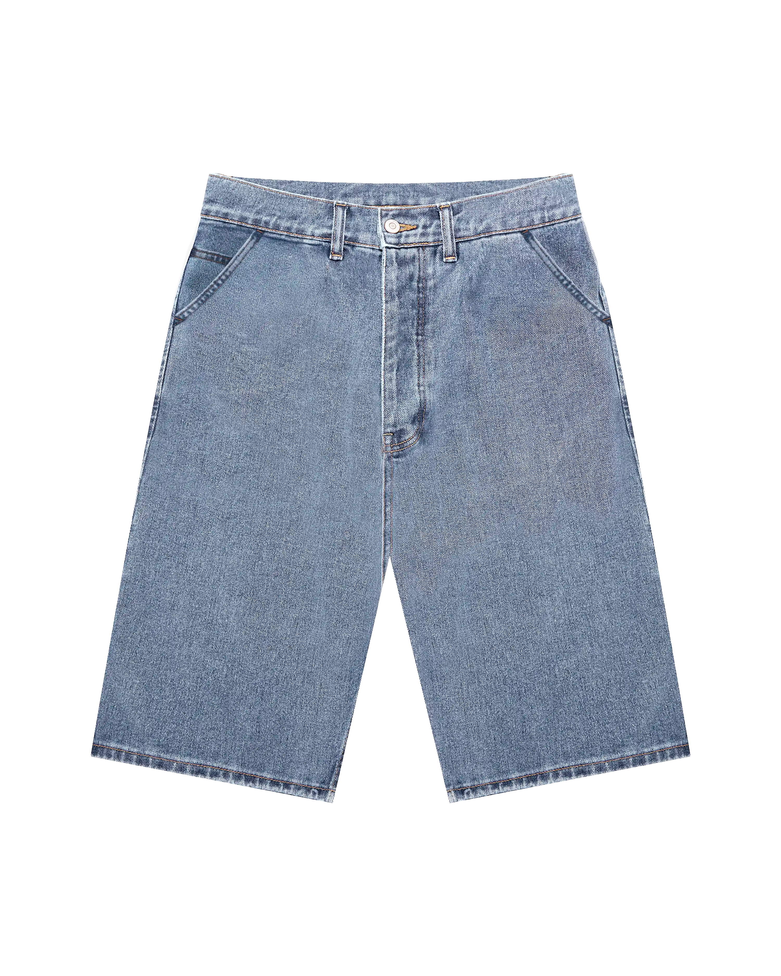 100% Cotton denim
Blue fade-out wash 
Embroidered designs on back and side pockets
2 front pockets with classic coin pocket
2 back patch pockets for functional storage
2 side utility pockets with reinforced stitching
Relaxed, knee-length fit with wide leg opening
Branded leather patch on waistband
Made in Portugal