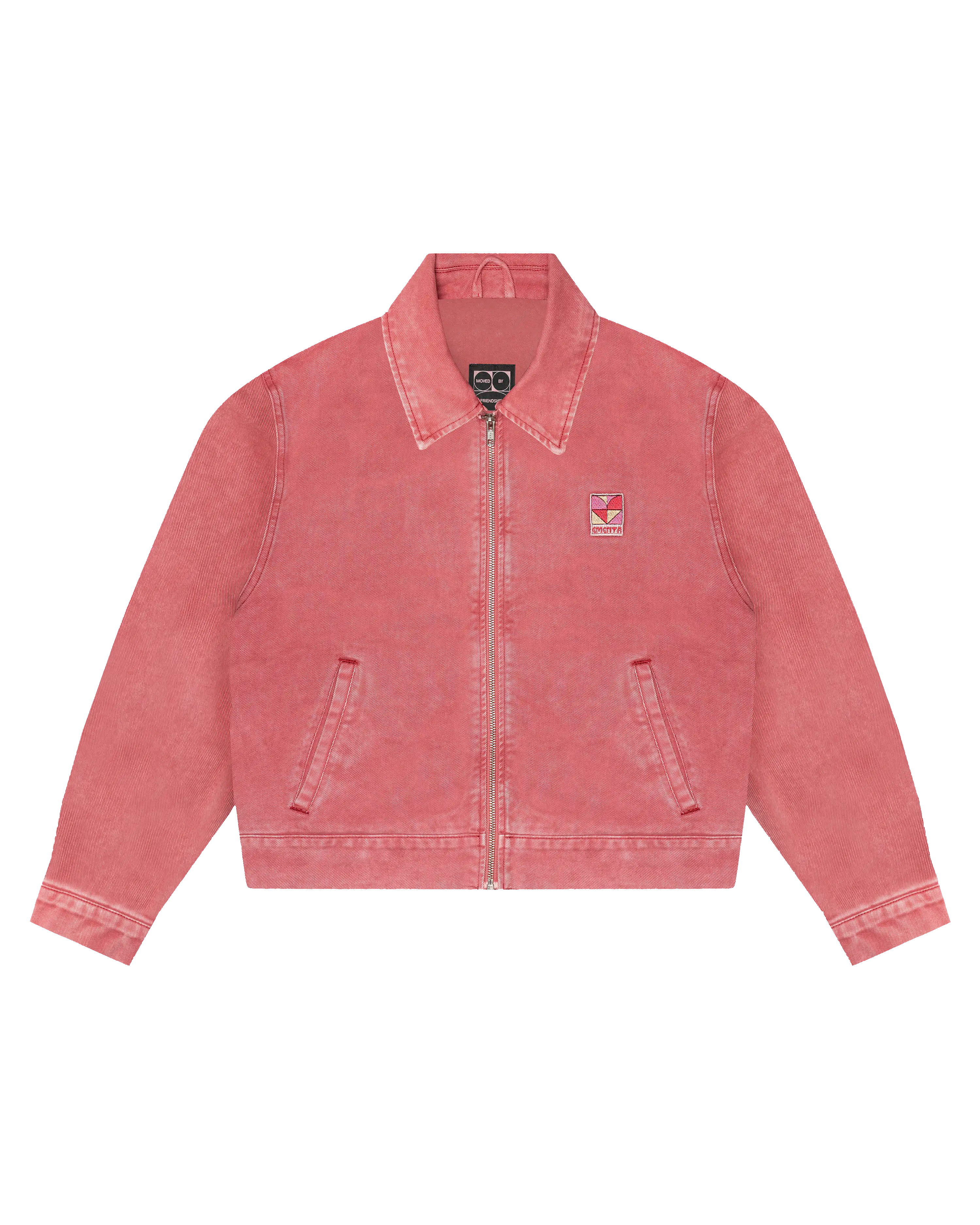 Cropped women's twill jacket with modern boxy fit
Signature "Moved by Friendship" motto subtly printed inside
Made in Portugal from 100% cotton twill
Distinct pink fade-out wash
Embroidered chest heart patch
Two front-hand pockets for everyday practicality
Hidden interior pocket for secure storage
Full metal zipper front closure
Classic pointed collar and reinforced topstitching
Made to be layered, styled, and lived in