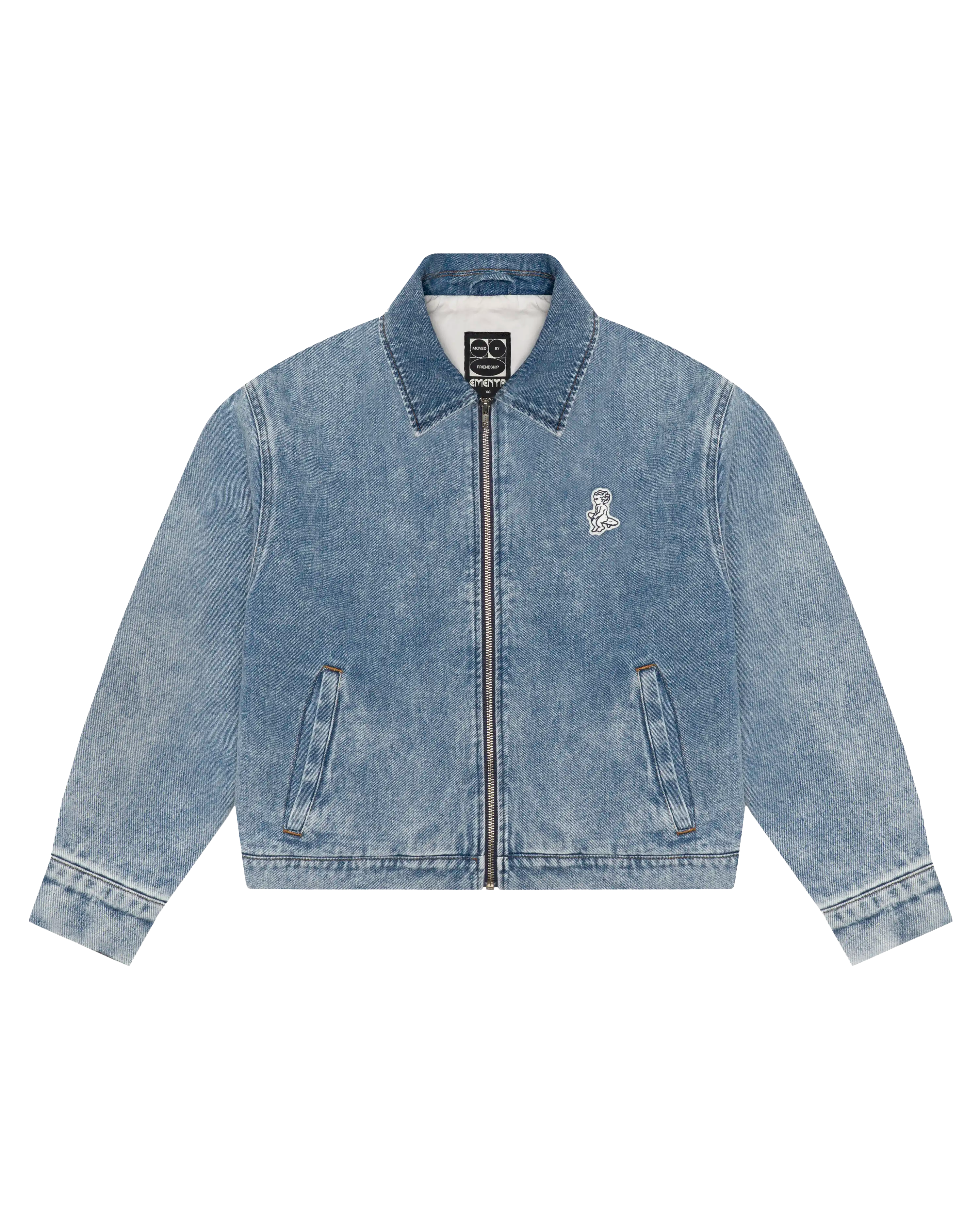 Cropped women's denim jacket with modern boxy fit
Signature "Moved by Friendship" motto subtly printed inside
Made in Portugal from 100% cotton denim
Distinct strong bleach blue fade wash for a worn-in vintage look
Embroidered chest Ikon logo patch
Two front-hand pockets for everyday practicality
Hidden interior pocket for secure storage
Full metal zipper front closure with branded pull
Classic pointed collar and reinforced topstitching
Made to be layered, styled, and lived in