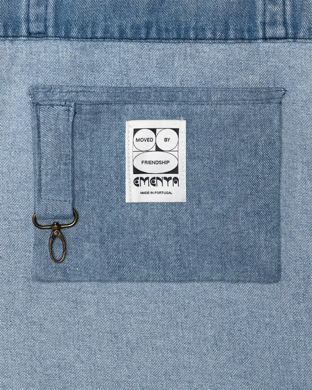 Detail view of Ementa blue washed cotton denim tote bag