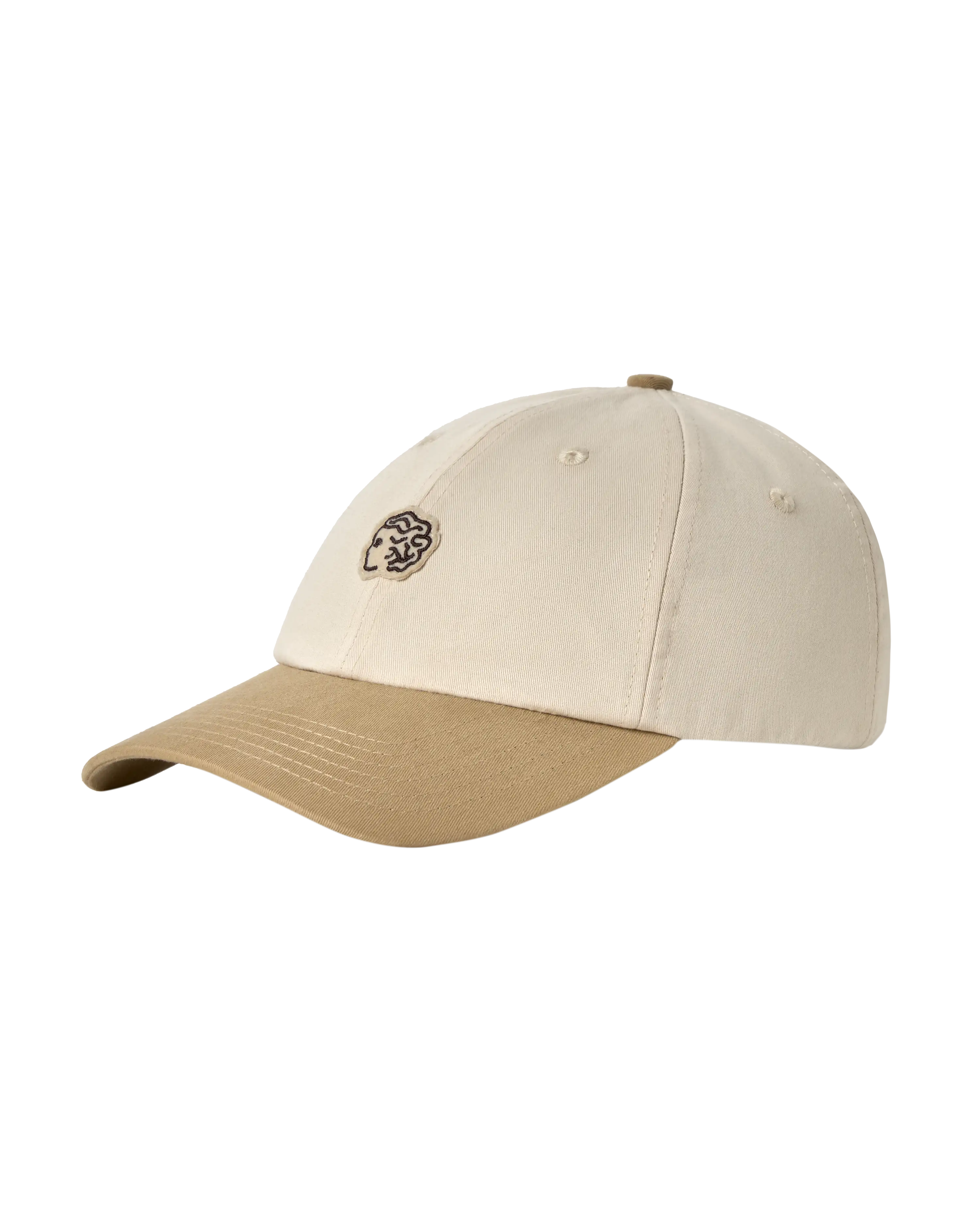 Side view of off white and camel cotton cap with adjustable strap