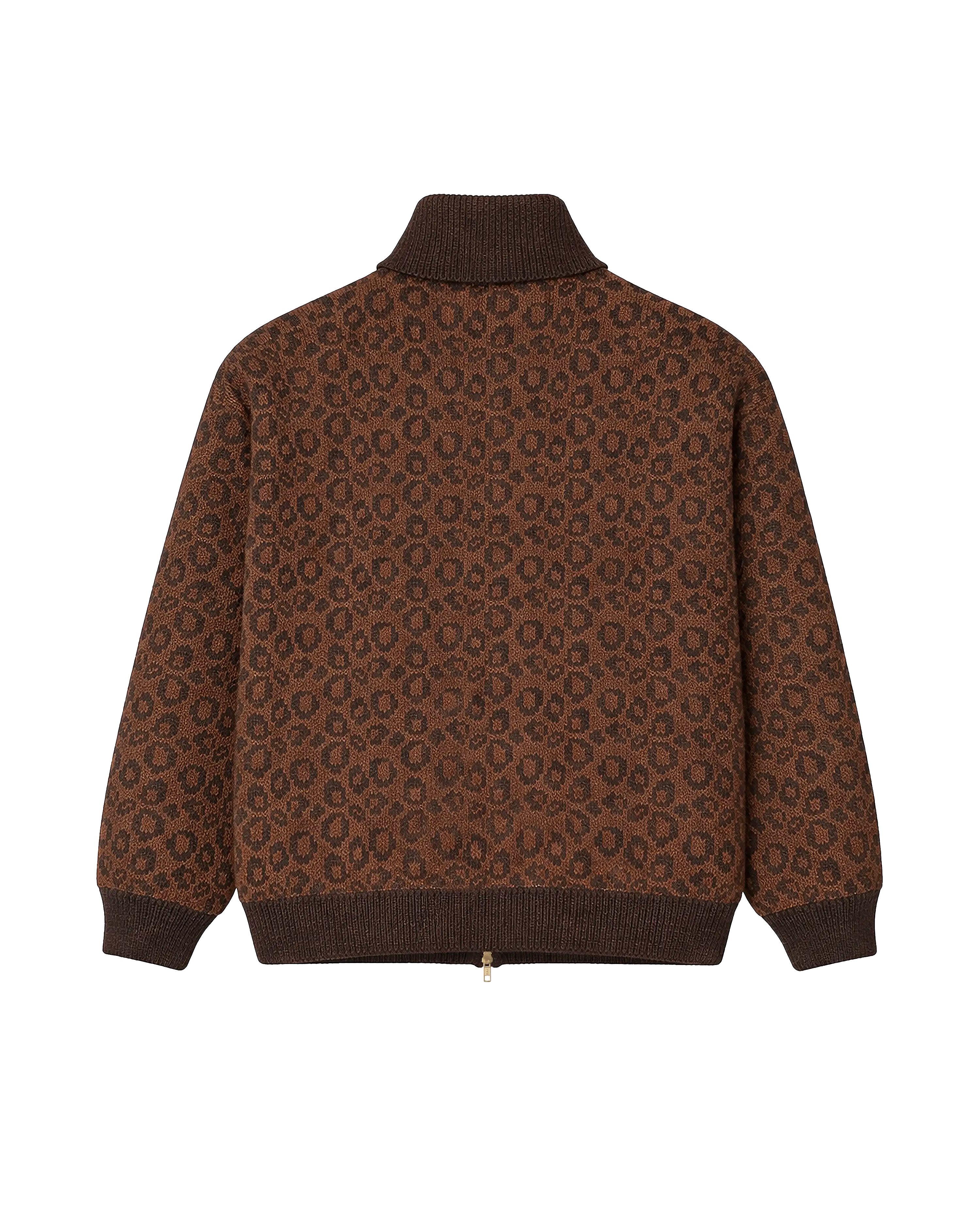 Back view of brown cotton knit jacket with all-over leopard pattern