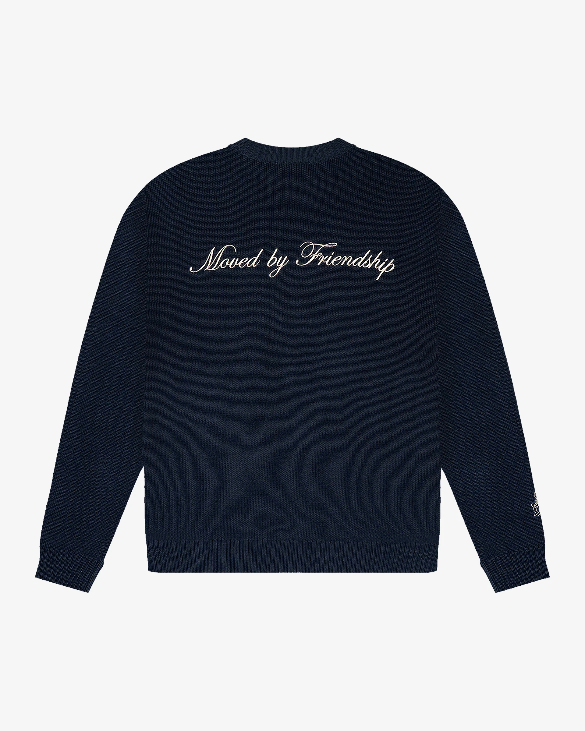 Back view of navy cotton knit crewneck sweater with ‘Moved By Friendship’ embroidery