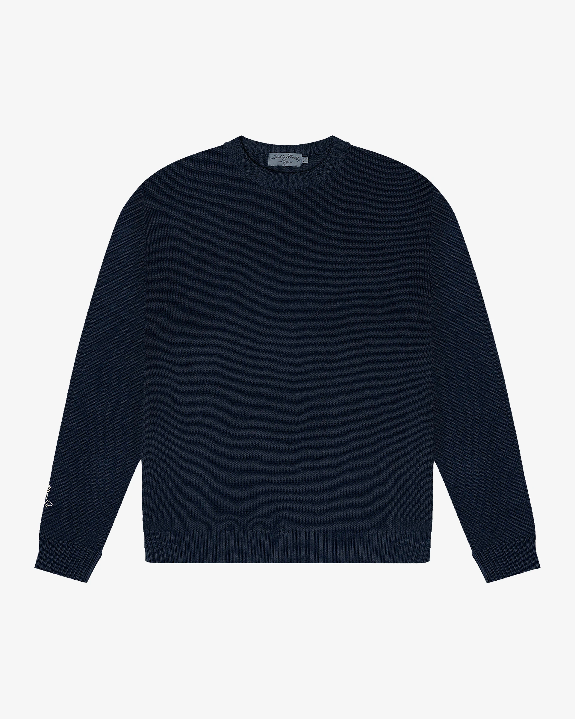 Navy cotton knit crewneck sweater with ribbed trims