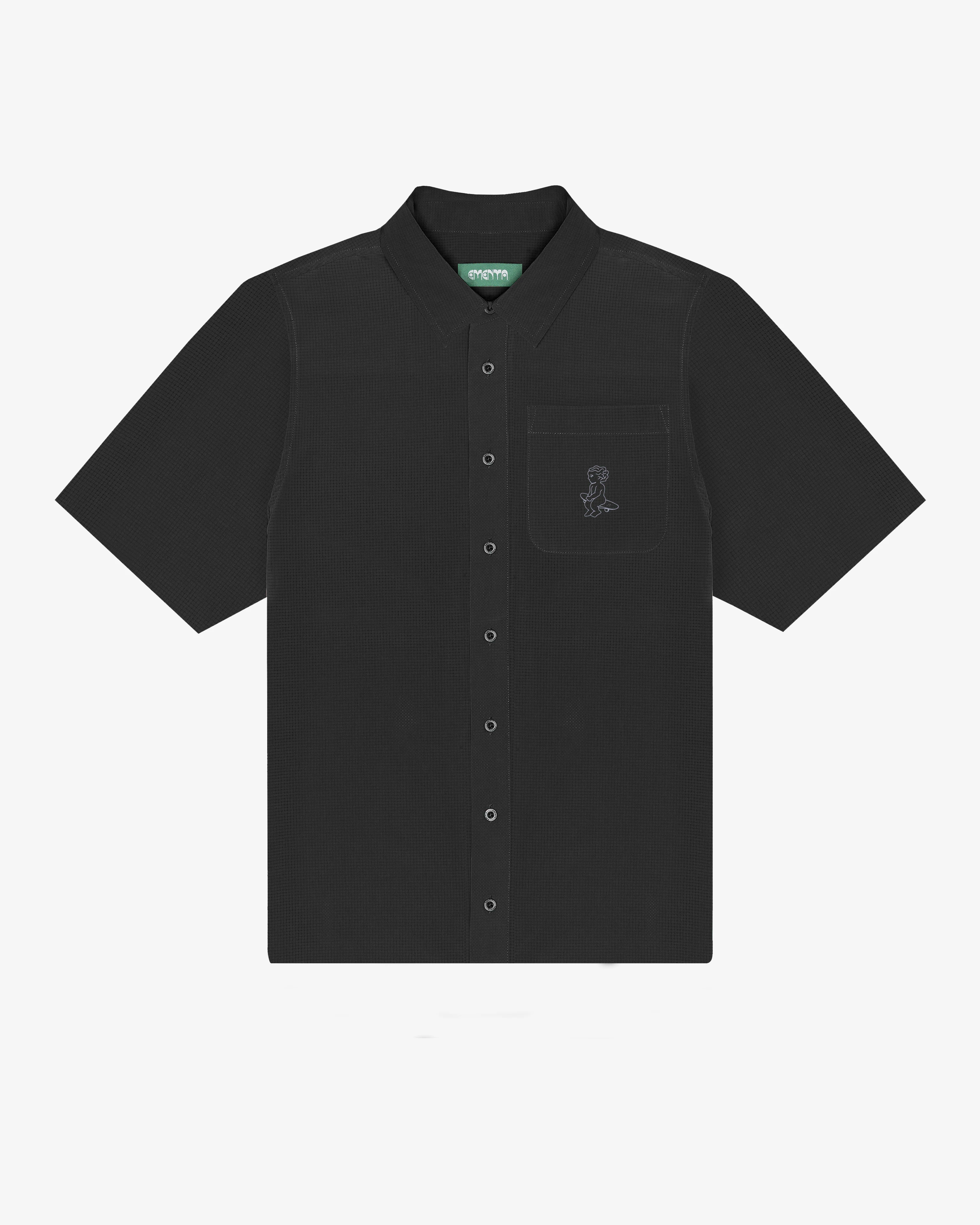 Black textured short sleeve shirt with boxy fit and chest pocket logo