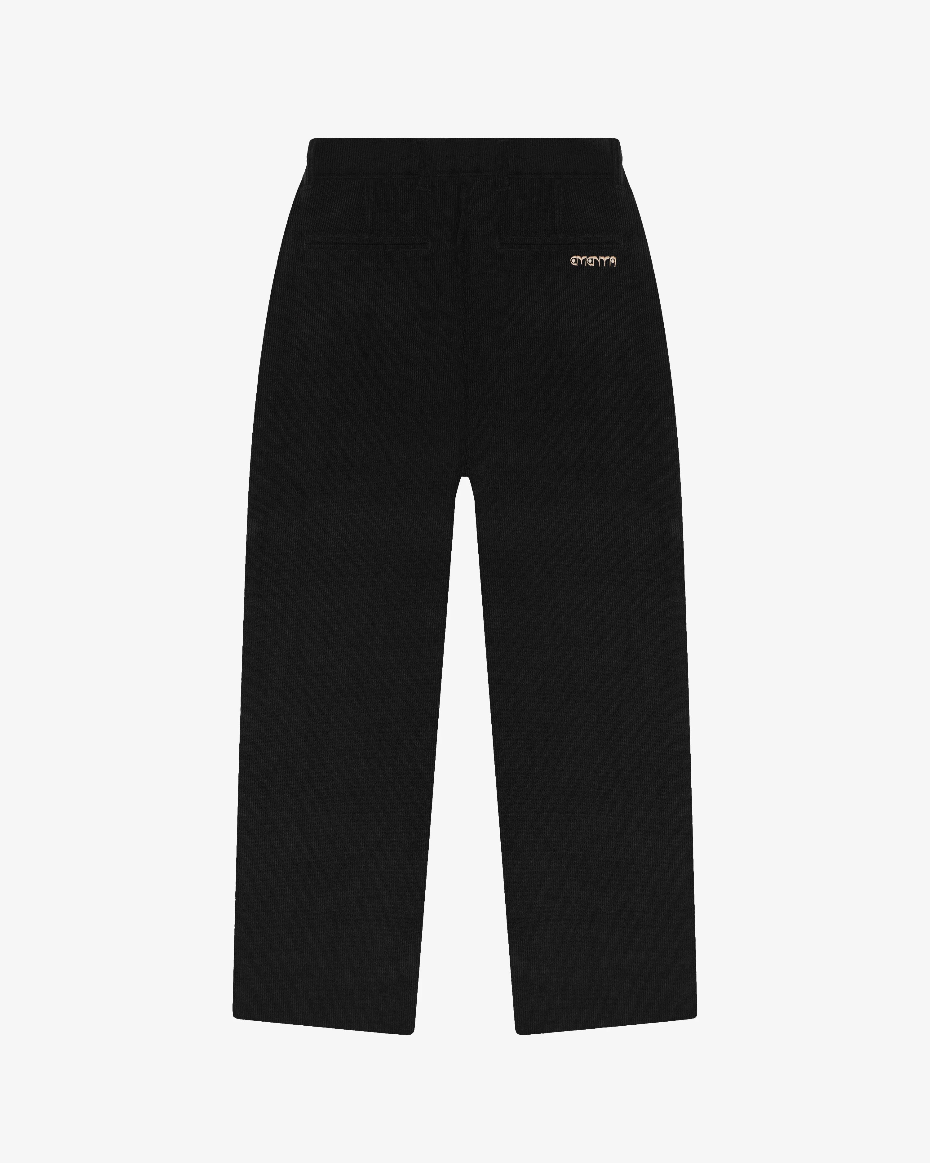 Back view of black cotton corduroy pants with embroidered logo on back pocket
