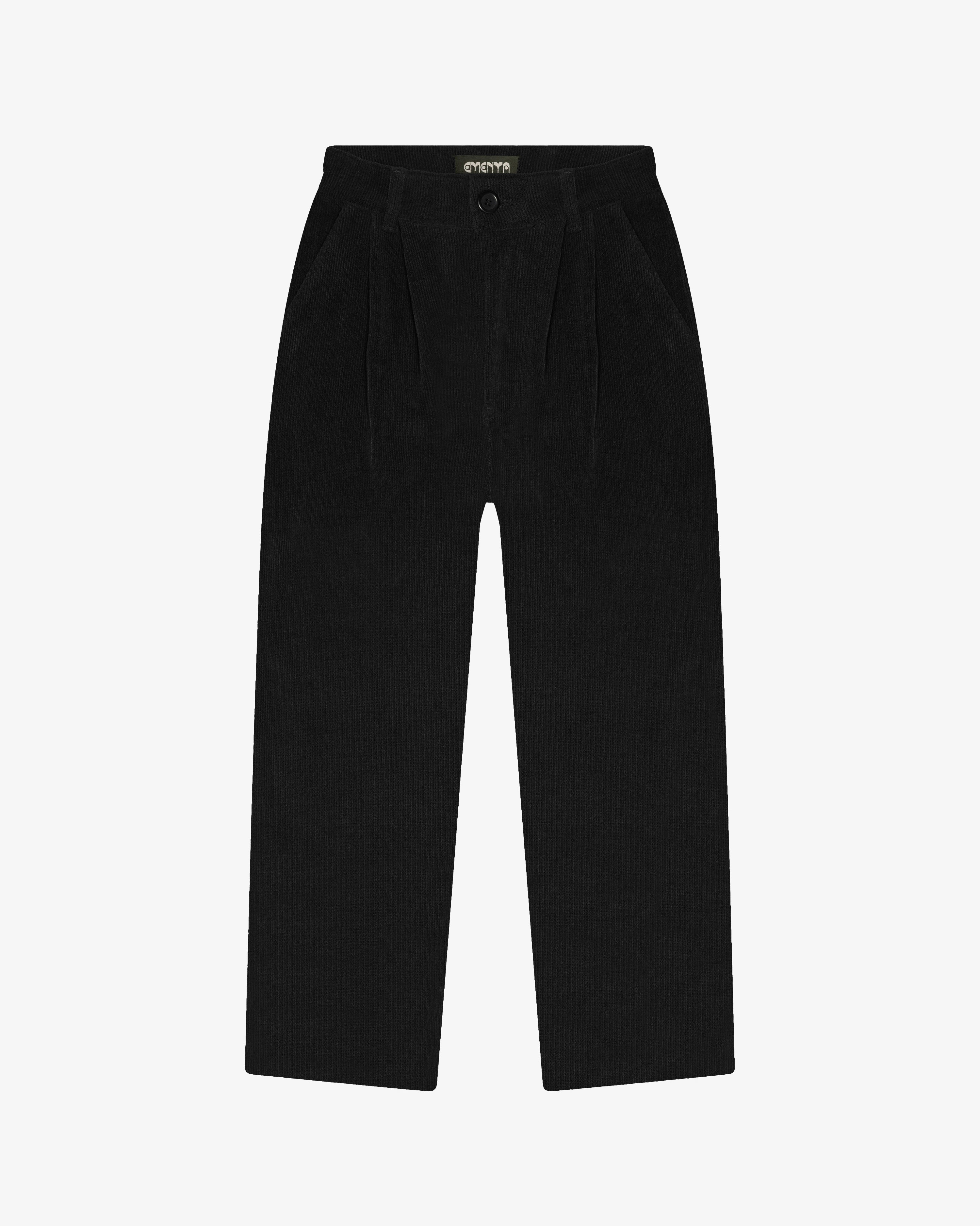 Black cotton corduroy pants with front pleats and button closure