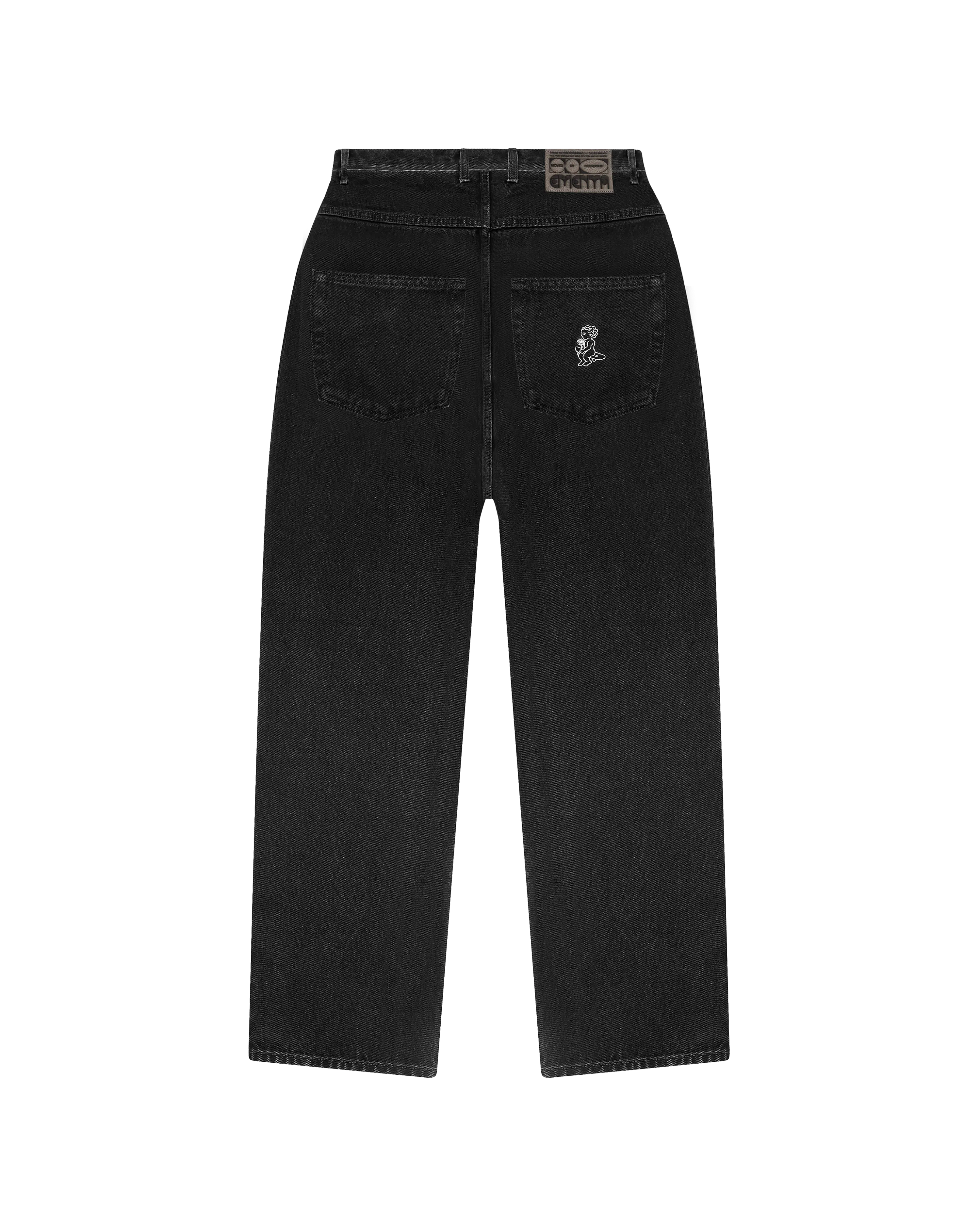 100% cotton black denim with a stone-washed finish for a soft, worn-in look
Oversized, baggy fit designed for women – high-rise waist and relaxed leg for all-day comfort
Slight taper toward the ankle for a balanced, modern silhouette
Classic 5-pocket construction with a functional coin pocket
Reinforced seams for added durability and long-lasting wear
Embroidered "ementa" signature logo on the front pocket
Ikon Flower logo embroidered on the back pocket
Branded button closure with metal zip fly