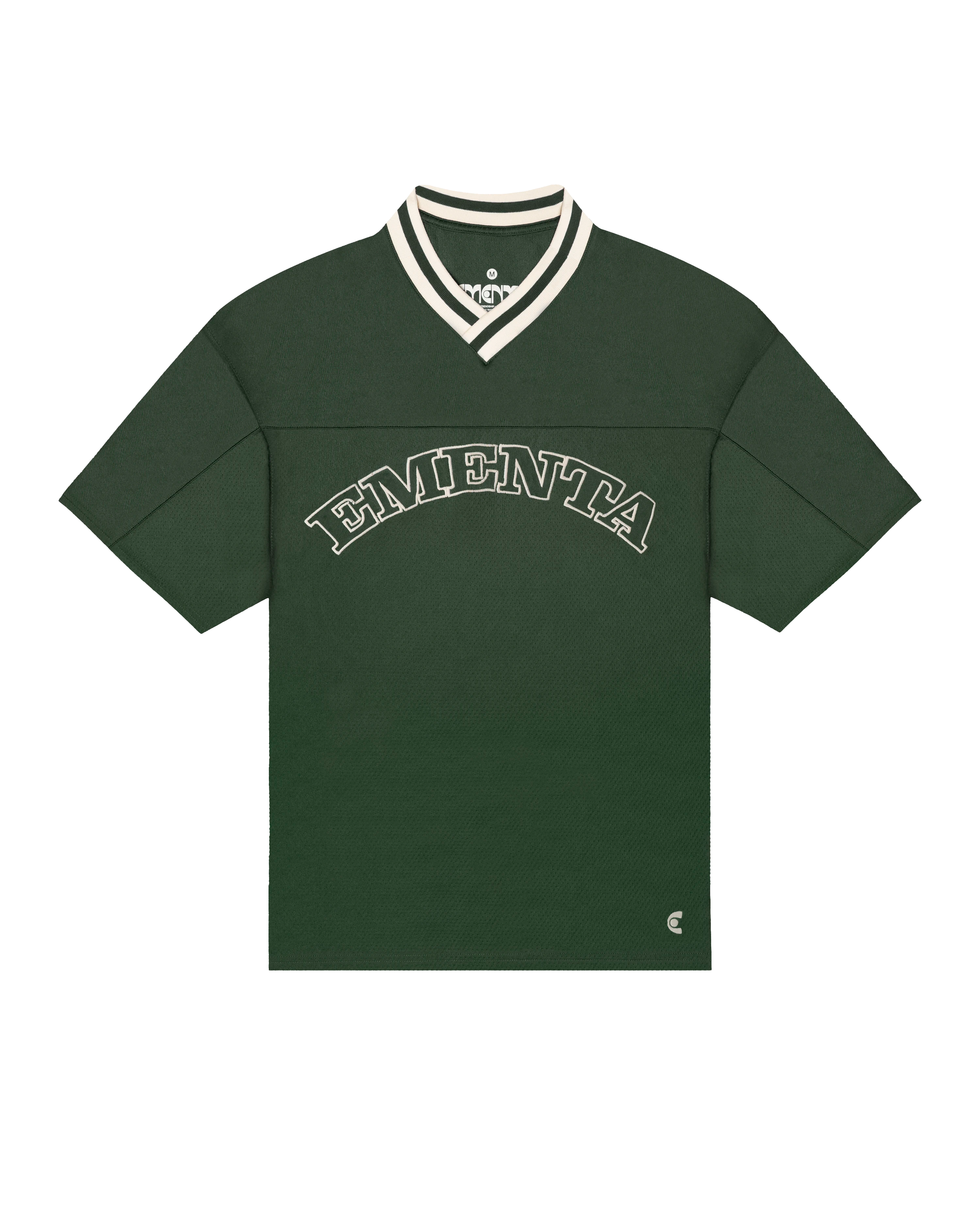 Breathable mesh fabric on the lower half, cotton-poly blend on the upper half
Oversized fit
Green color with off white accents
Large 'EMENTA' embroidery on the chest, small branded detail embroidered on bottom right
V-neck collar with double green stripes
Oversized sleeves for a relaxed silhouette
Part of a kit – matching shorts available online
Machine washable