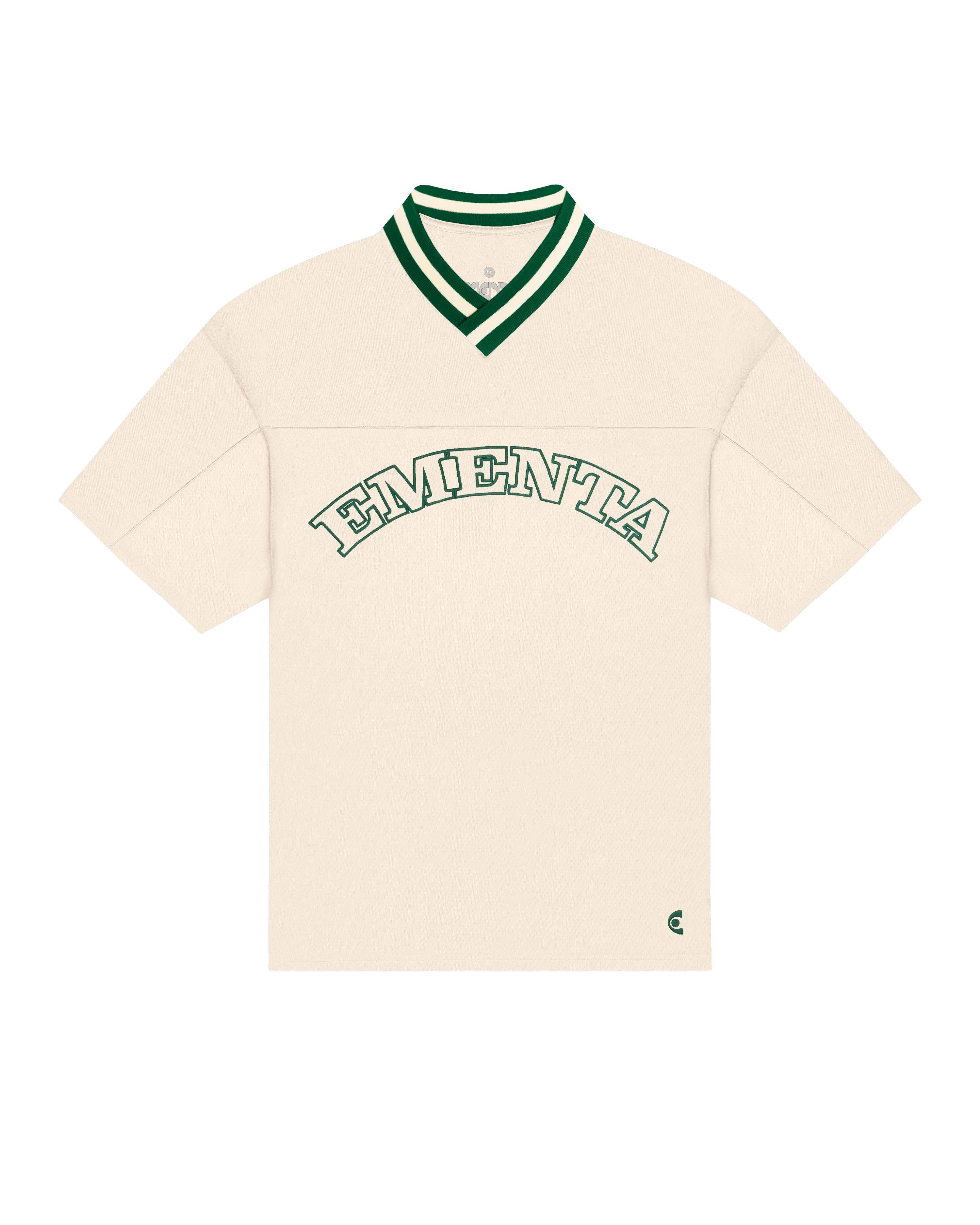 Breathable mesh fabric on the lower half, cotton-poly blend on the upper half
Oversized fit
Green color with off white accents
Large 'EMENTA' embroidery on the chest, small branded detail embroidered on bottom right
V-neck collar with double green stripes
Oversized sleeves for a relaxed silhouette
Part of a kit – matching shorts available online
Machine washable