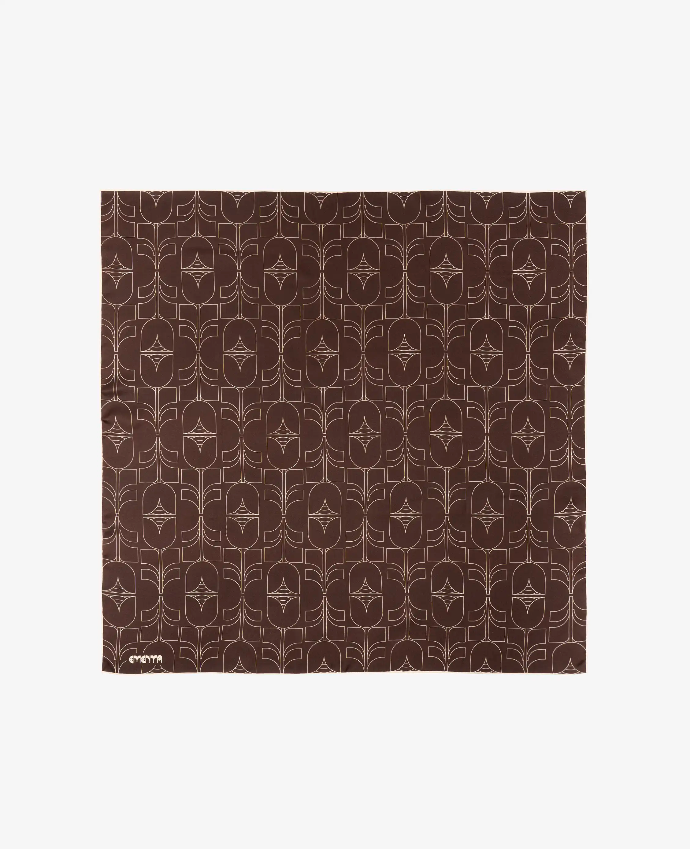 Silk scarf from the Flourish collection, featuring the Tulipa pattern.
Lightweight silk with a smooth finish and soft hand feel.
Square shape suitable for wearing around the neck, head, waist or as a bag accessory.
Printed with the all-over Flourish pattern and finished with the Ementa logo in one corner.
Chocolate base with off-white graphic artwork.

90cmx90cm
Made in Portugal.