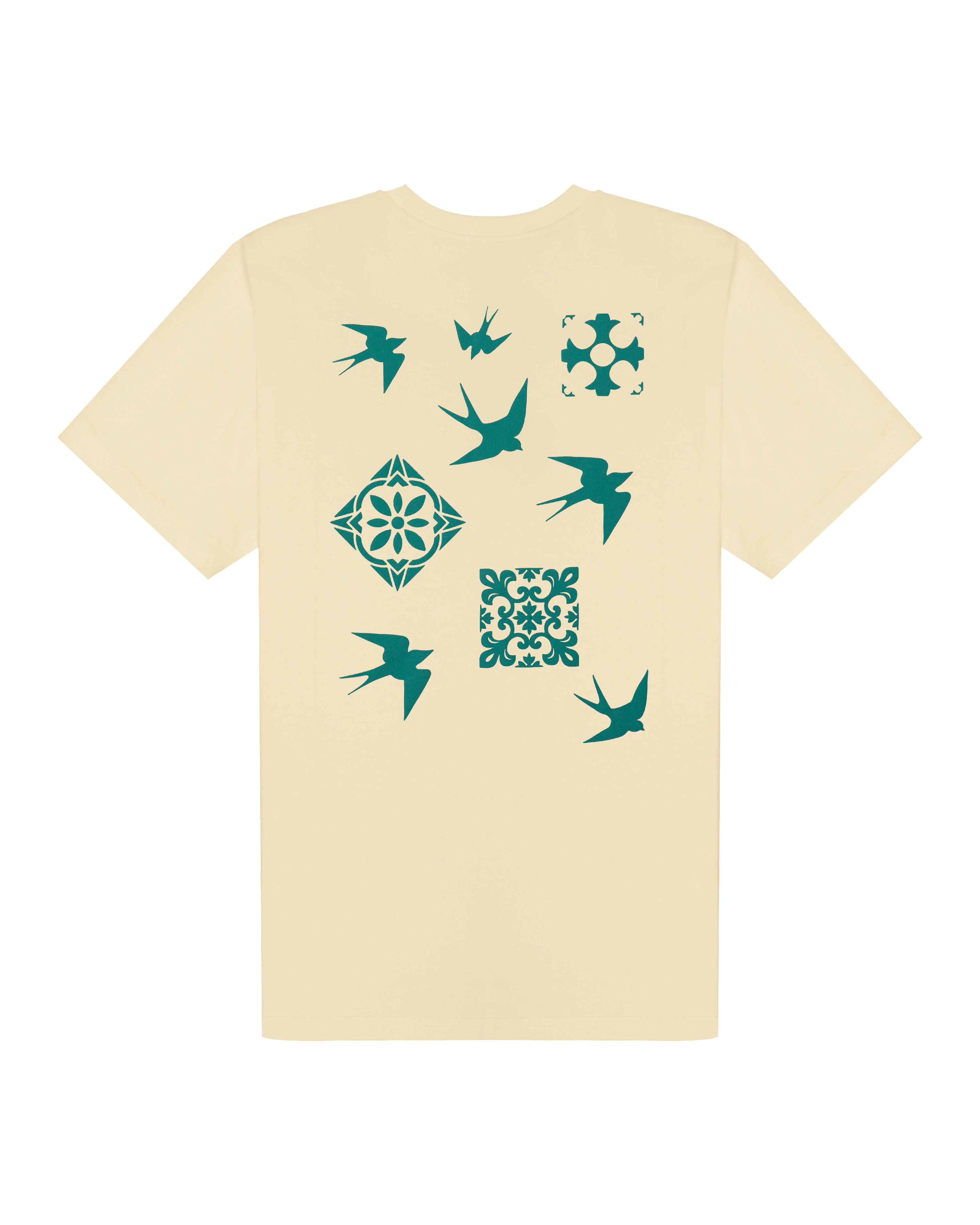 100% cotton, 240 g/m²
Soft yet structured heavyweight feel
Artwork is digitally designed in-house by our artists to ensure unique detail and precision

Inspired by Lisbon’s classic tiles and swallows, the design celebrates Lisbon’s culture, where Ementa was founded
Off White color with the "Lisa" print on the back
EMENTA dots logo on the front
Pre-shrunk to maintain size and shape after washing
Reinforced collar and double-stitched hems for lasting wear

Machine wash at 30°C, tumble dry low, iron inside out