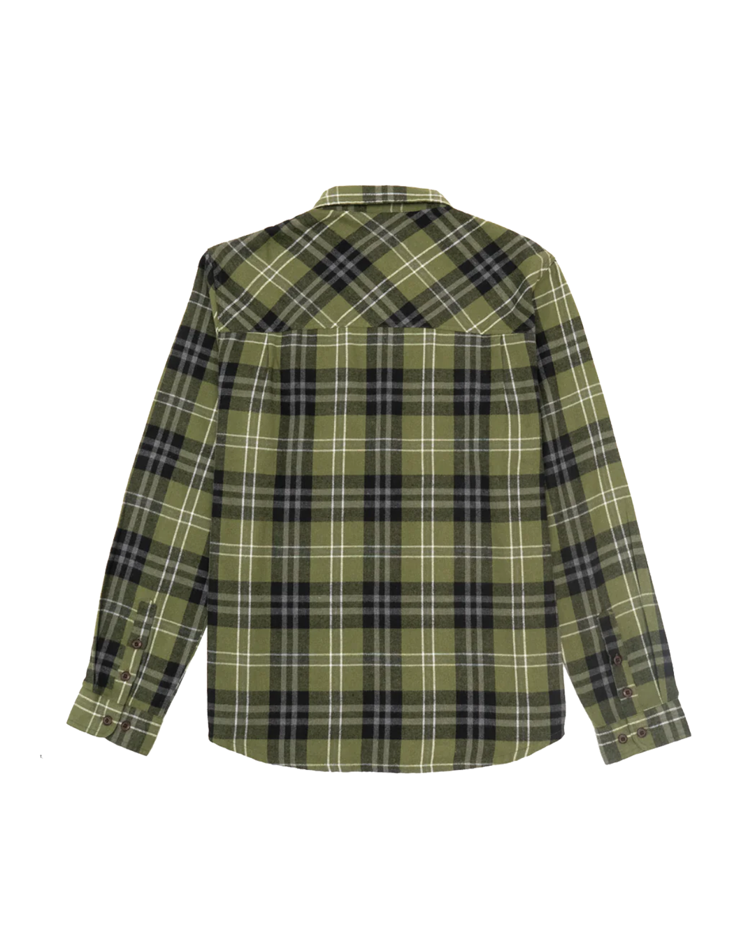 This flannel shirt in green tones, is crafted from durable spine twill, offering a blend of comfort and understated style. Its relaxed silhouette makes it an easy choice for casual wear while maintaining a clean, timeless look.