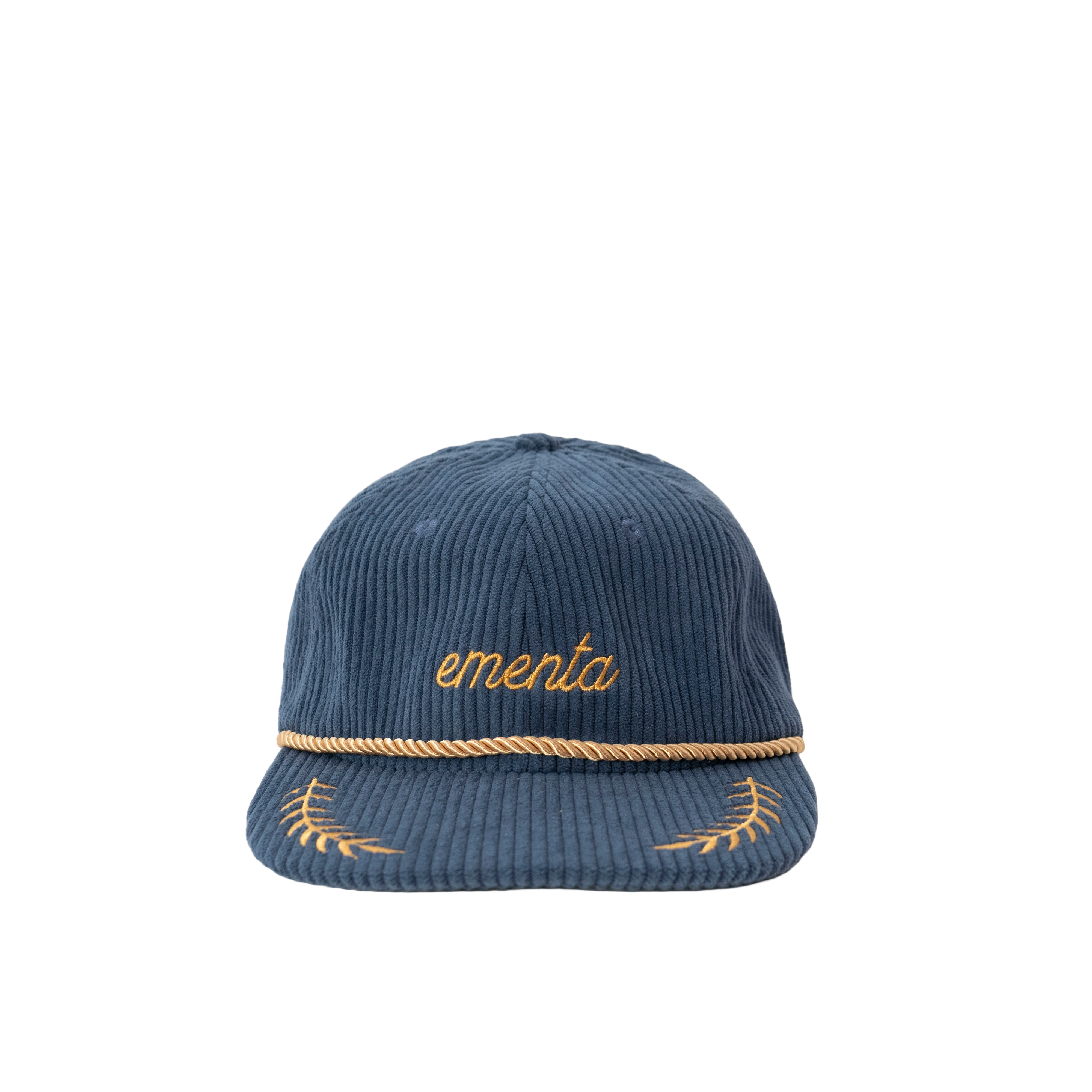 Inspired by the classic sailor hat, this six-panel blue cap features a rigid, flat brim made from cotton corduroy, accented with a small gold rope. The cap combines traditional design with modern craftsmanship.