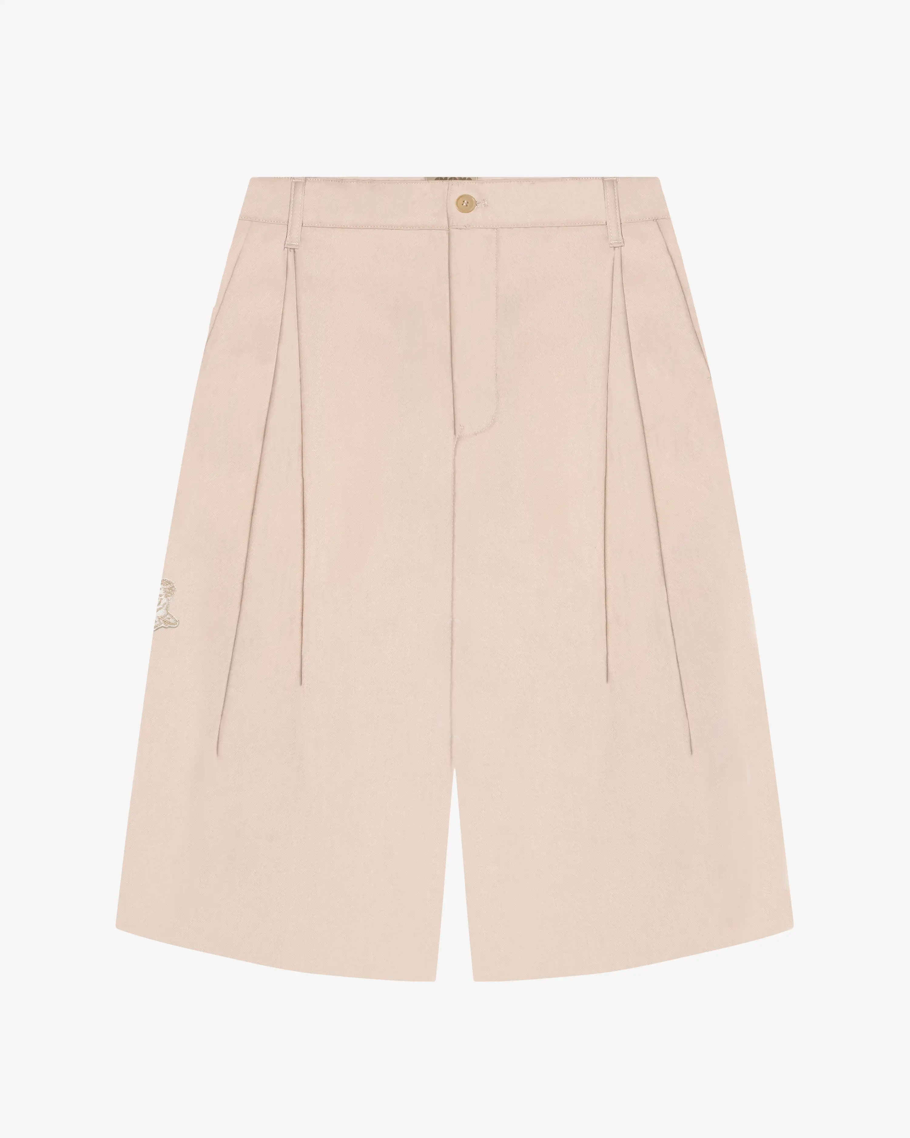 Beige tailored suit shorts with front pleats and button closure