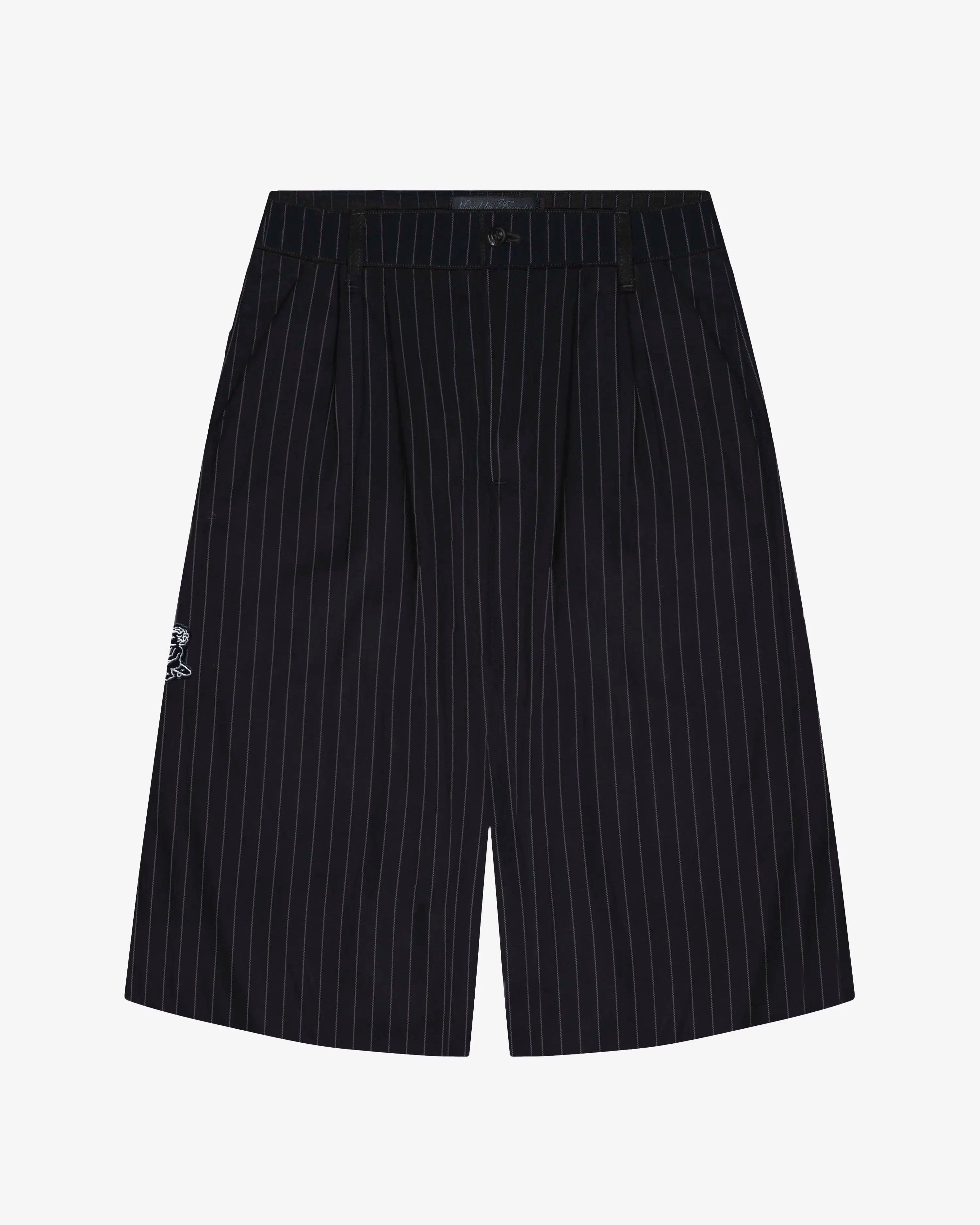 Navy stripe tailored suit shorts with front pleats and button closure