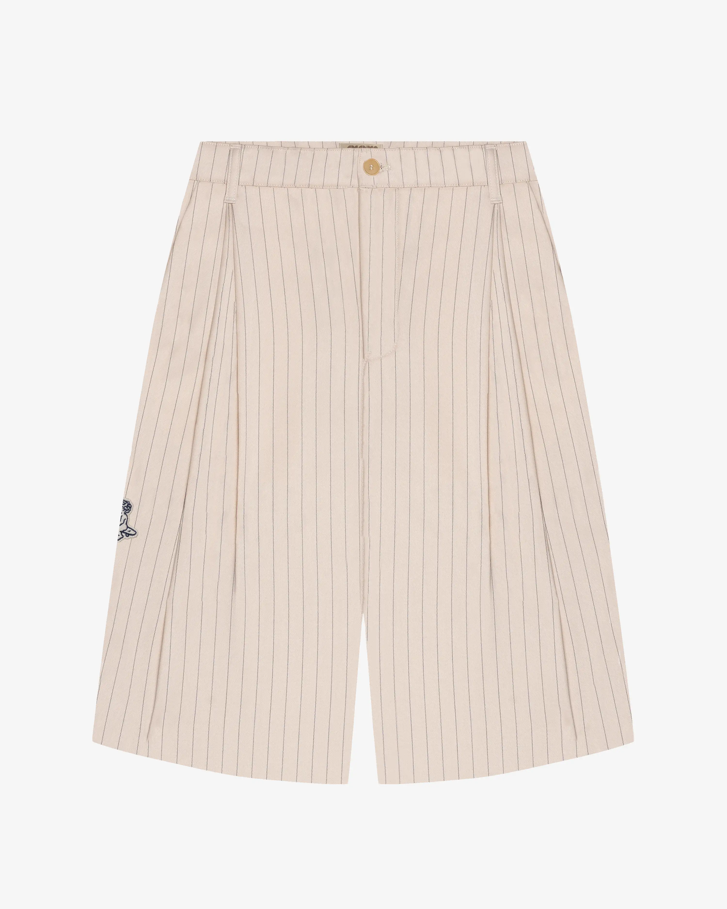 Off white stripe tailored suit shorts with front pleats and button closure