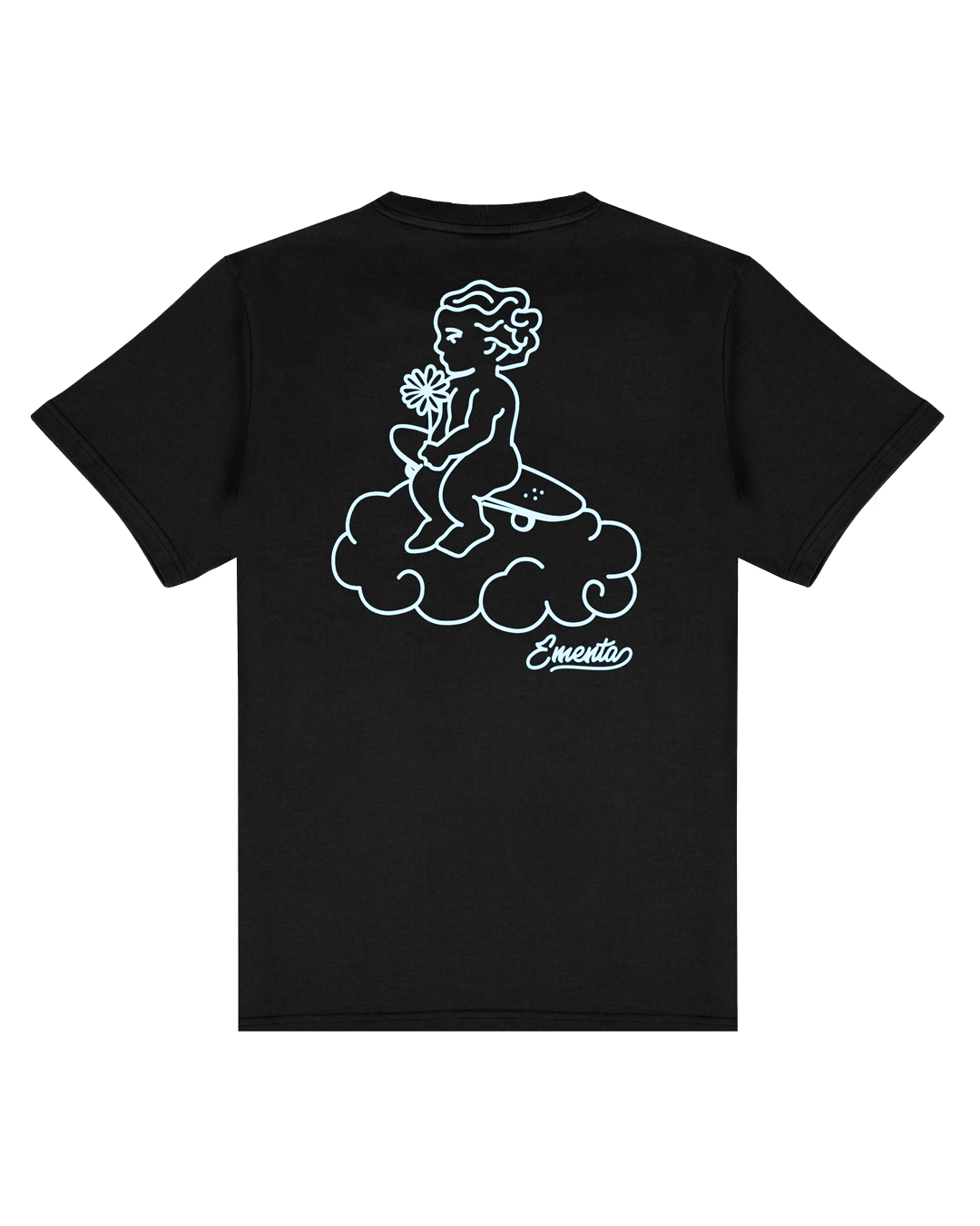 Artist-made t-shirt crafted from soft cotton fabric, offering a comfortable fit that sits naturally on the body. The print, in sky blue, is digitally designed to stand out against the black fabric.