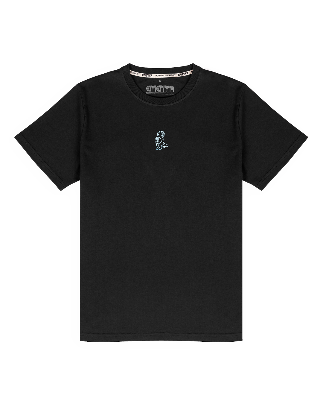 Artist-made t-shirt crafted from soft cotton fabric, offering a comfortable fit that sits naturally on the body. The print, in sky blue, is digitally designed to stand out against the black fabric.