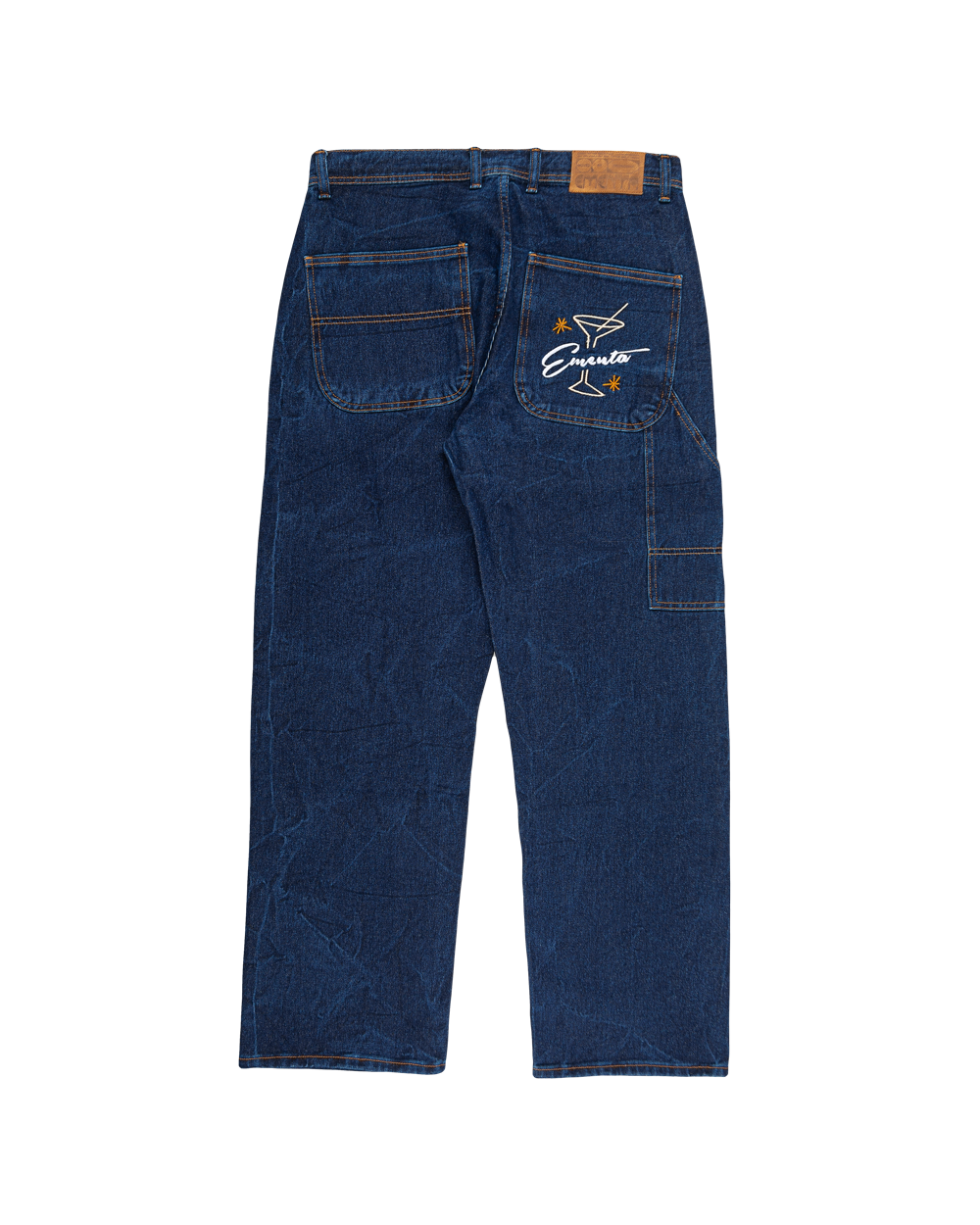 Relaxed-fit jeans made from blue marble stone-washed denim, designed for comfort and durability with a focus on providing the perfect fit. The jeans feature the cocktail design embroidered on the back pocket for added detail. Equipped with two back pockets, two front pockets, and one side pocket for practical storage.