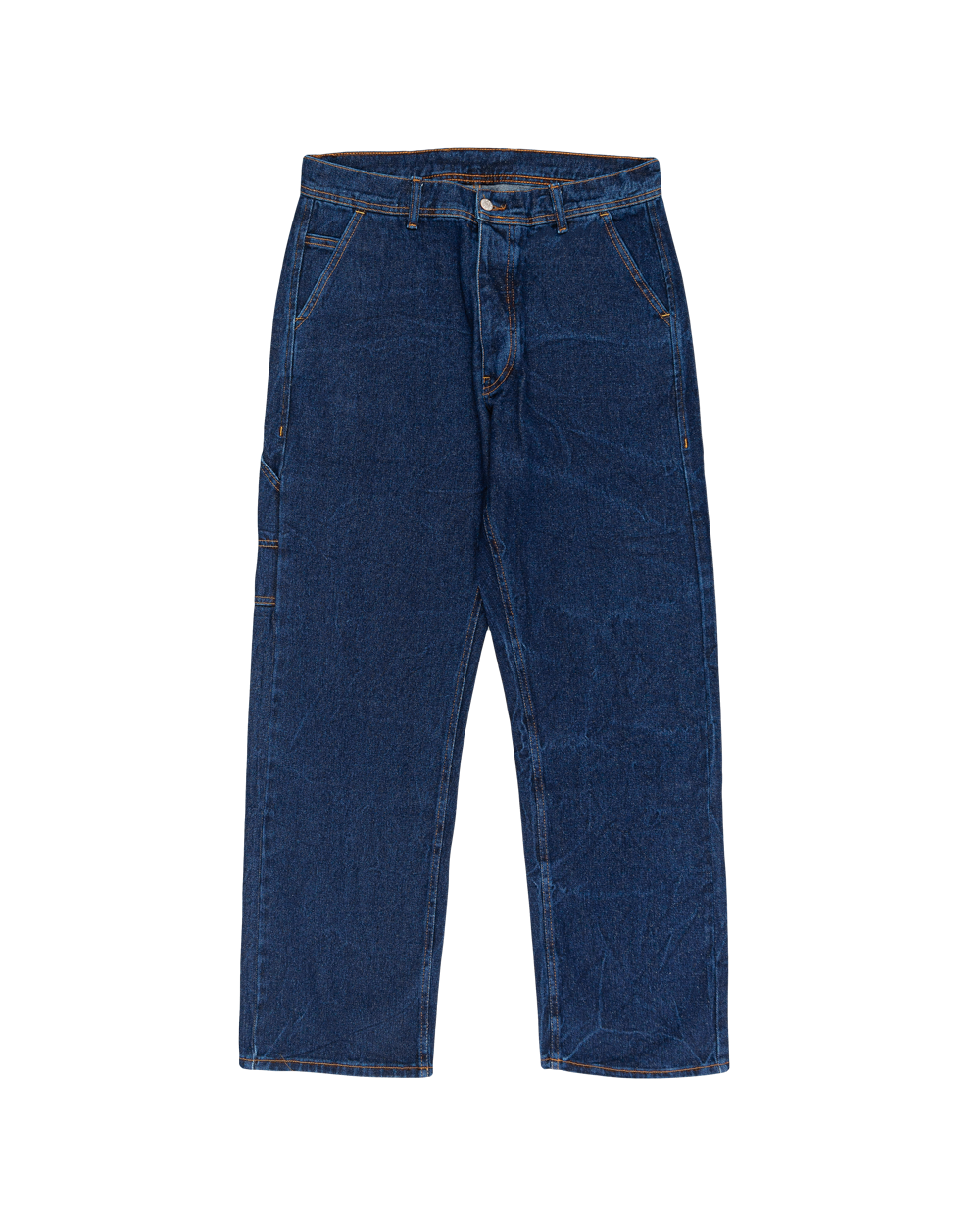 Relaxed-fit jeans made from blue marble stone-washed denim, designed for comfort and durability with a focus on providing the perfect fit. The jeans feature the cocktail design embroidered on the back pocket for added detail. Equipped with two back pockets, two front pockets, and one side pocket for practical storage.