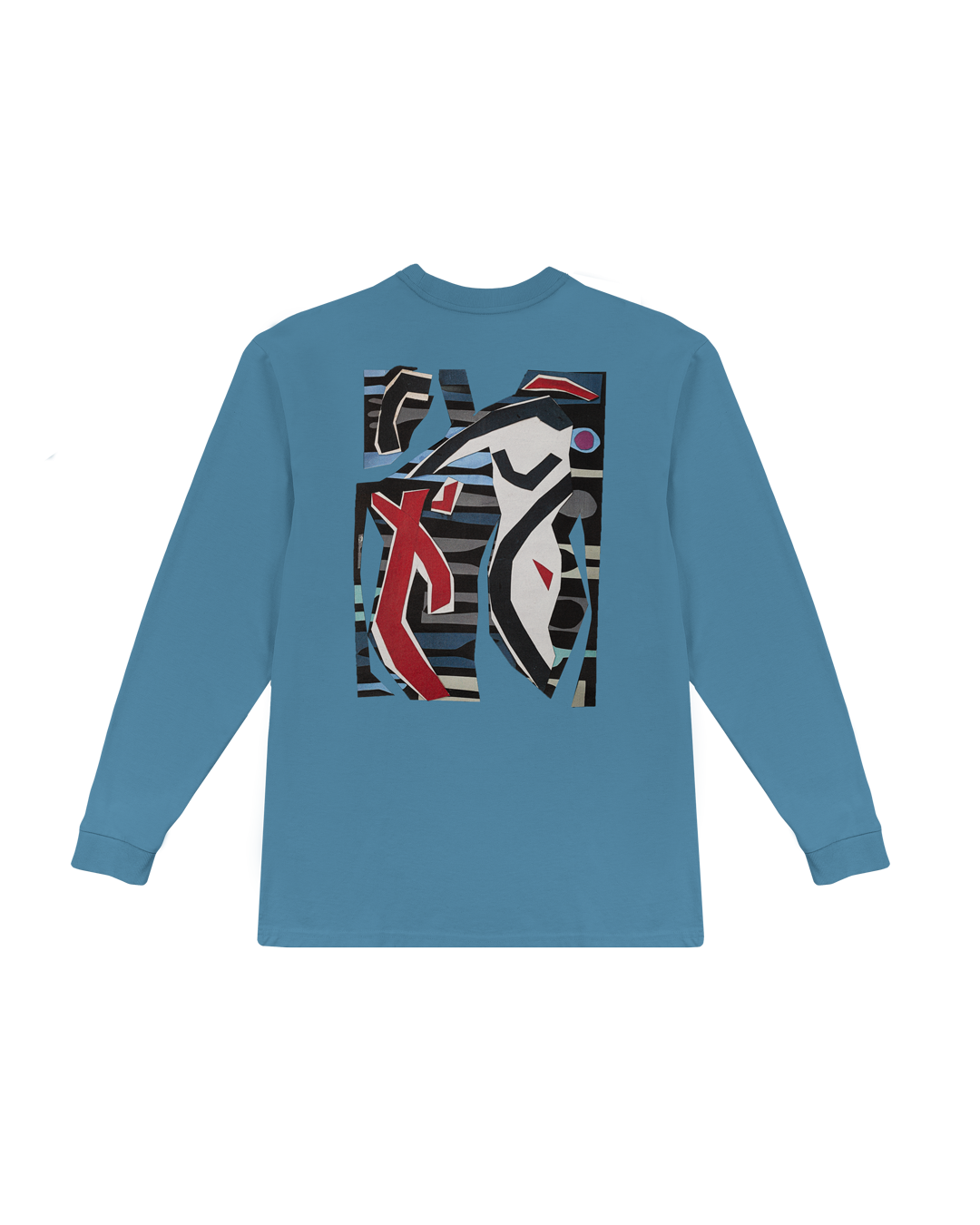 The Collage Long Sleeve in blue features a unique back print, originally created on canvas by an artist, then photographed and printed onto the fabric. This piece blends artistic craftsmanship with a modern design, featuring ribbed cuffs and hems for a comfortable fit. Made from 100% cotton, this long sleeve offers both comfort and style.