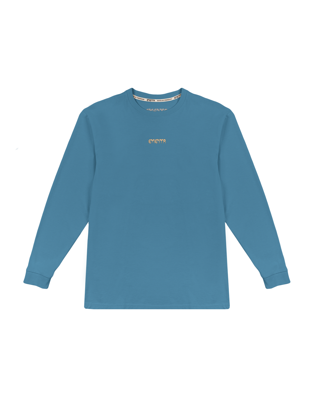 The Collage Long Sleeve in blue features a unique back print, originally created on canvas by an artist, then photographed and printed onto the fabric. This piece blends artistic craftsmanship with a modern design, featuring ribbed cuffs and hems for a comfortable fit. Made from 100% cotton, this long sleeve offers both comfort and style.