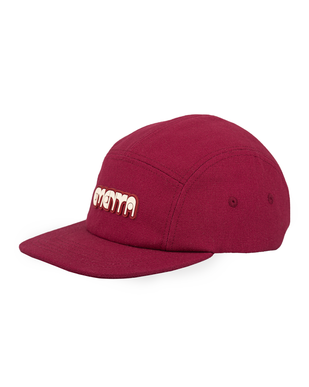 The Dots Canvas Cap is a classic five-panel cap crafted from durable 100% cotton canvas, offering a sturdy, comfortable fit. It comes in a burgndy color, complemented by a slightly curved brim. The front features the Ementa Dots logo, adding a clean touch to the design.