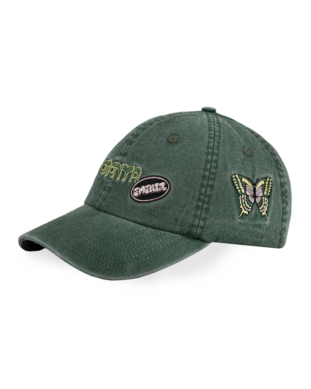 The Dots Patch Cap is a classic six-panel cap crafted from 100% cotton, ensuring a comfortable fit and durable wear. It comes in a green washed color, enhanced by a curved brim. The cap is decorated with multiple embroidered patches, adding character to the design.