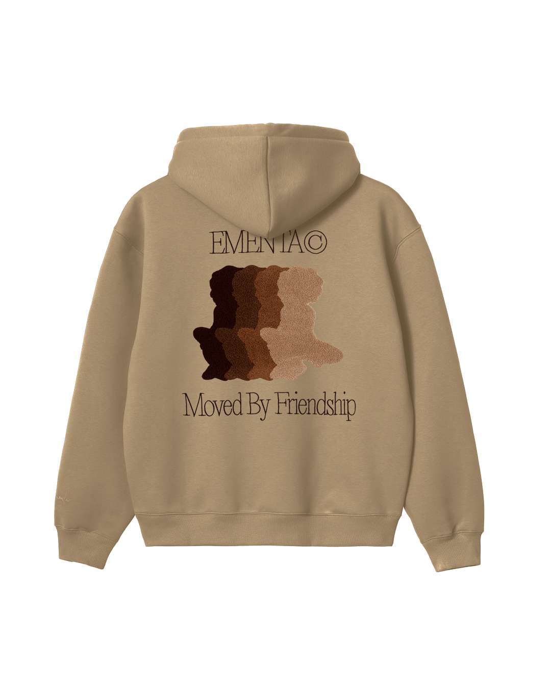 The Friendship Hoodie in camel features the motto "Moved By Friendship" embroidered on the front in a classic handwritten style. On the back, the Ikon logo appears with a dragged effect, adding a distinctive detail.

Made from heavyweight 100% cotton, the hoodie is durable and warm, with a brushed fleece interior for extra comfort. Ribbed cuffs and hem provide structure, and the kangaroo pocket adds functionality.