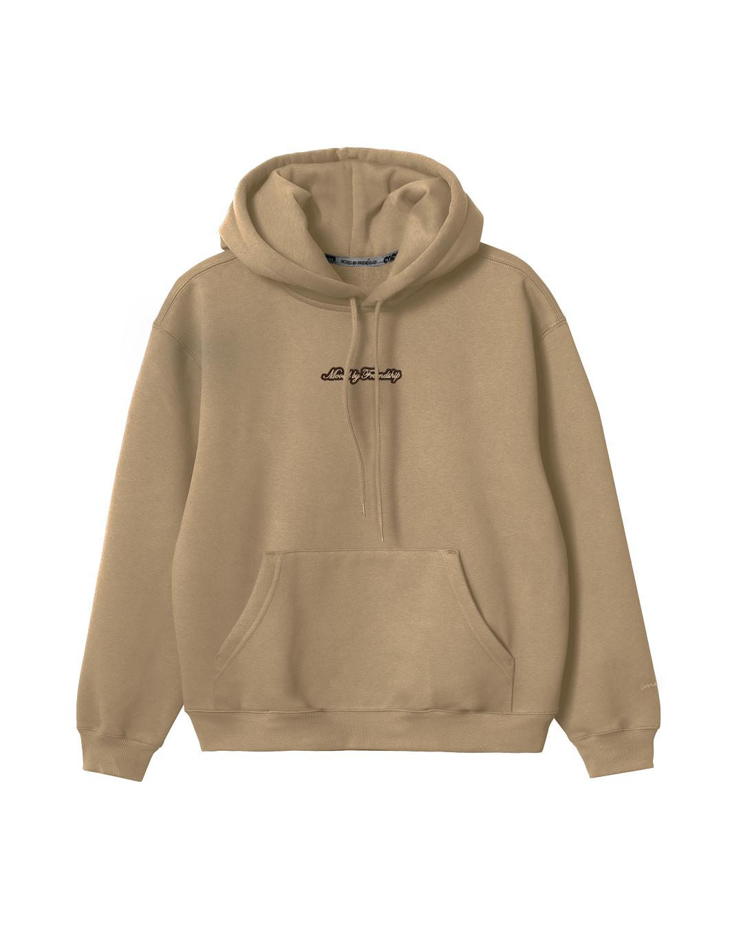 The Friendship Hoodie in camel features the motto "Moved By Friendship" embroidered on the front in a classic handwritten style. On the back, the Ikon logo appears with a dragged effect, adding a distinctive detail.

Made from heavyweight 100% cotton, the hoodie is durable and warm, with a brushed fleece interior for extra comfort. Ribbed cuffs and hem provide structure, and the kangaroo pocket adds functionality.