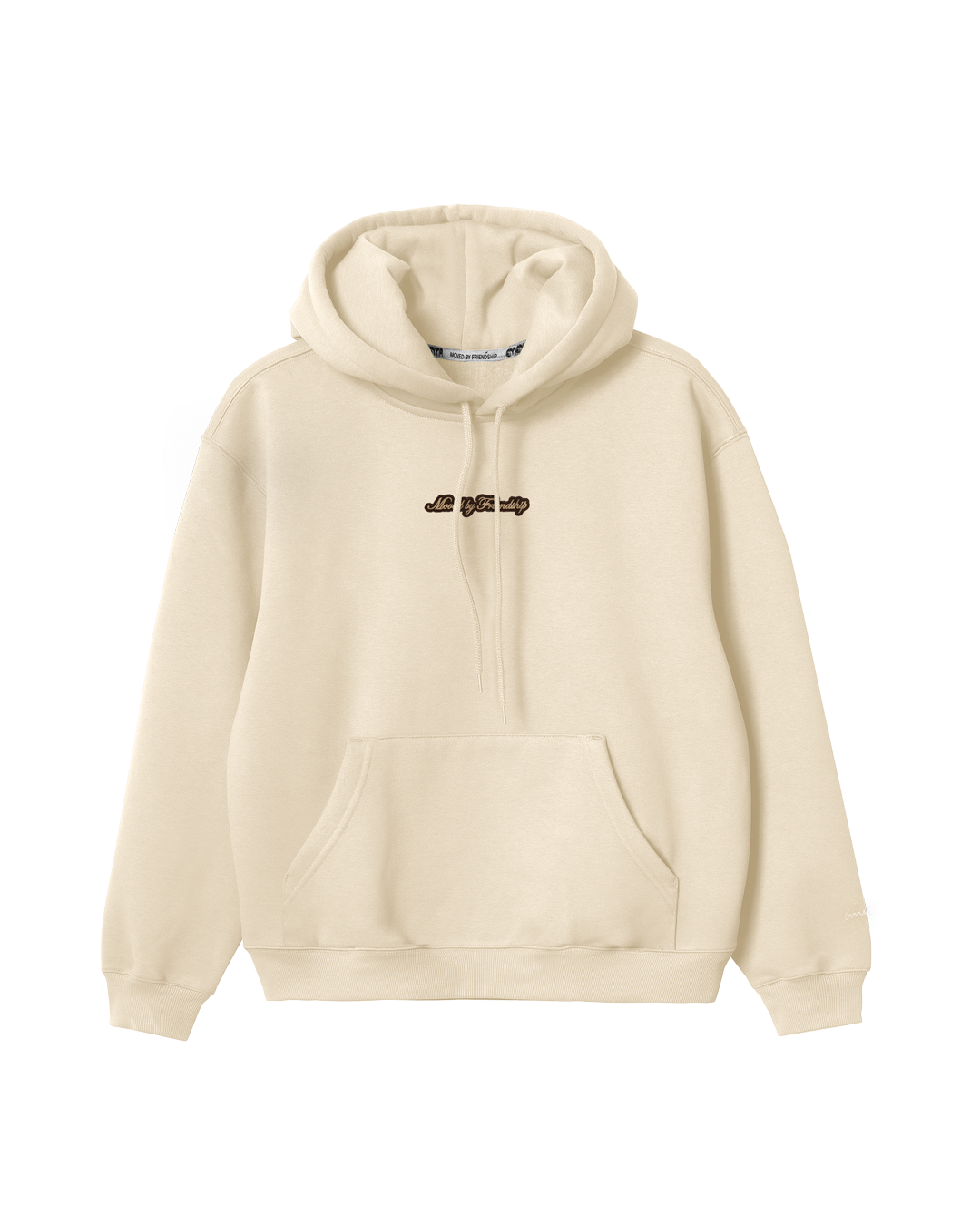 The Friendship Hoodie in off-white features the motto "Moved By Friendship" embroidered on the front in a classic handwritten style. On the back, the Ikon logo appears with a dragged effect, adding a distinctive detail.

Made from heavyweight 100% cotton, the hoodie is durable and warm, with a brushed fleece interior for extra comfort. Ribbed cuffs and hem provide structure, and the kangaroo pocket adds functionality.