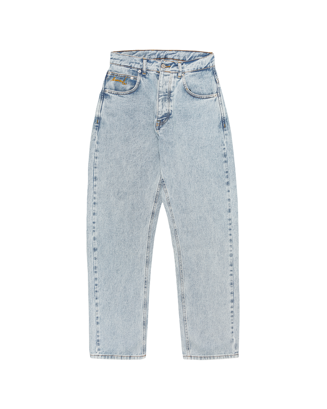 Relaxed-fit jeans made from blue fade-out, strong bleached denim, designed for comfort and durability. The jeans feature embroidered logos on the front and back, combining functionality with a clean, simple design.