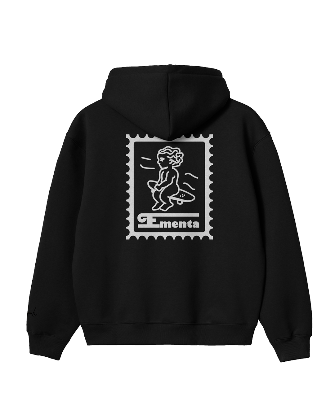 Crafted from heavyweight 100% cotton, this black hoodie is designed to hold its shape and resist frequent wear, offering durability and a cozy feel. The interior is lined with heavyweight brushed fleece for added warmth. It features an embossed print with a textured Ikon stamp and an embroidered signature on the right wrist.