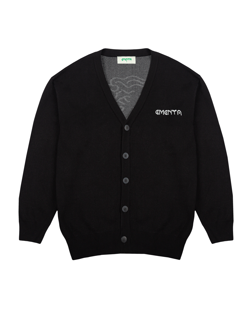 Knit cardigan made from soft yarn, featuring a classic cardigan design that blends modern elements with timeless style. The piece showcases a bold Ikon World design on the back and an Ementa logo embroidered on the chest.