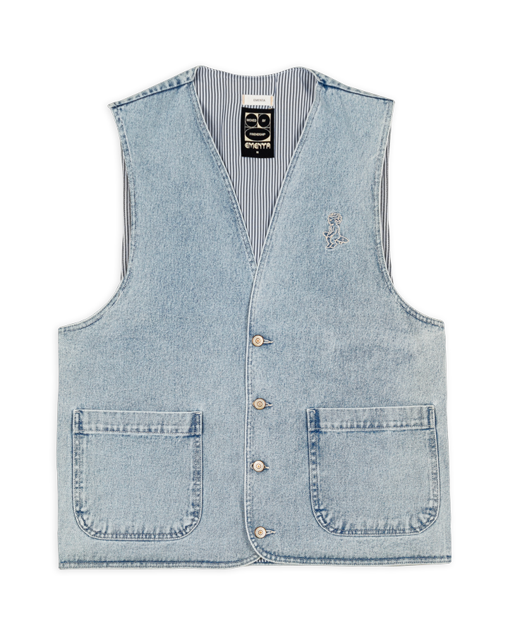 Faded denim vest made from durable cotton, featuring a unique gradient-wash effect. The vest is detailed with an embroidered Ikon logo on the chest.