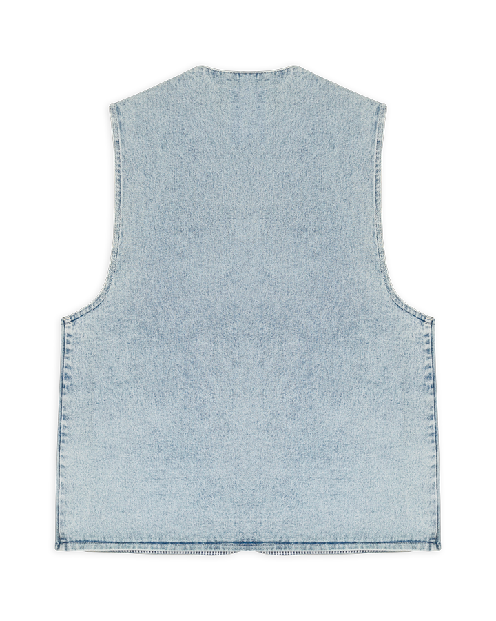 Faded denim vest made from durable cotton, featuring a unique gradient-wash effect. The vest is detailed with an embroidered Ikon logo on the chest.