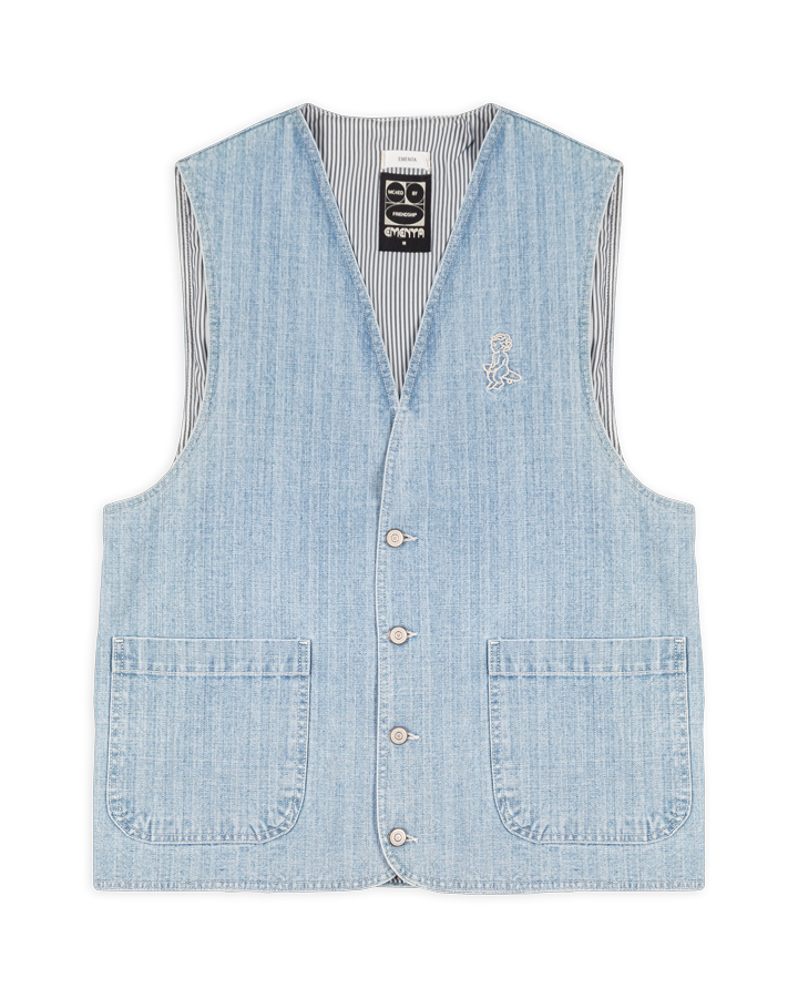 Denim striped vest made from soft, durable cotton fabric. The design features a striped denim pattern with an embroidered Ikon logo on the chest, combining texture and subtle branding.