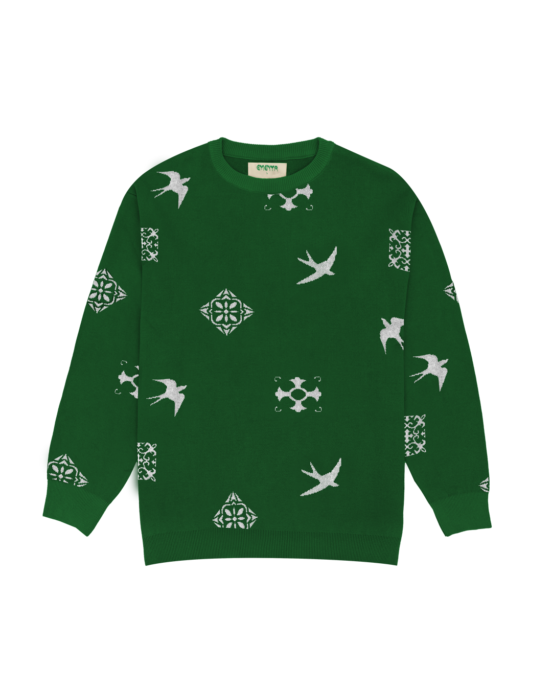 Designed with the classic Lisbon tiles and swallows, this knit crewneck was made to celebrate Lisbon's culture, featuring two symbols that represent the city where Ementa was founded.