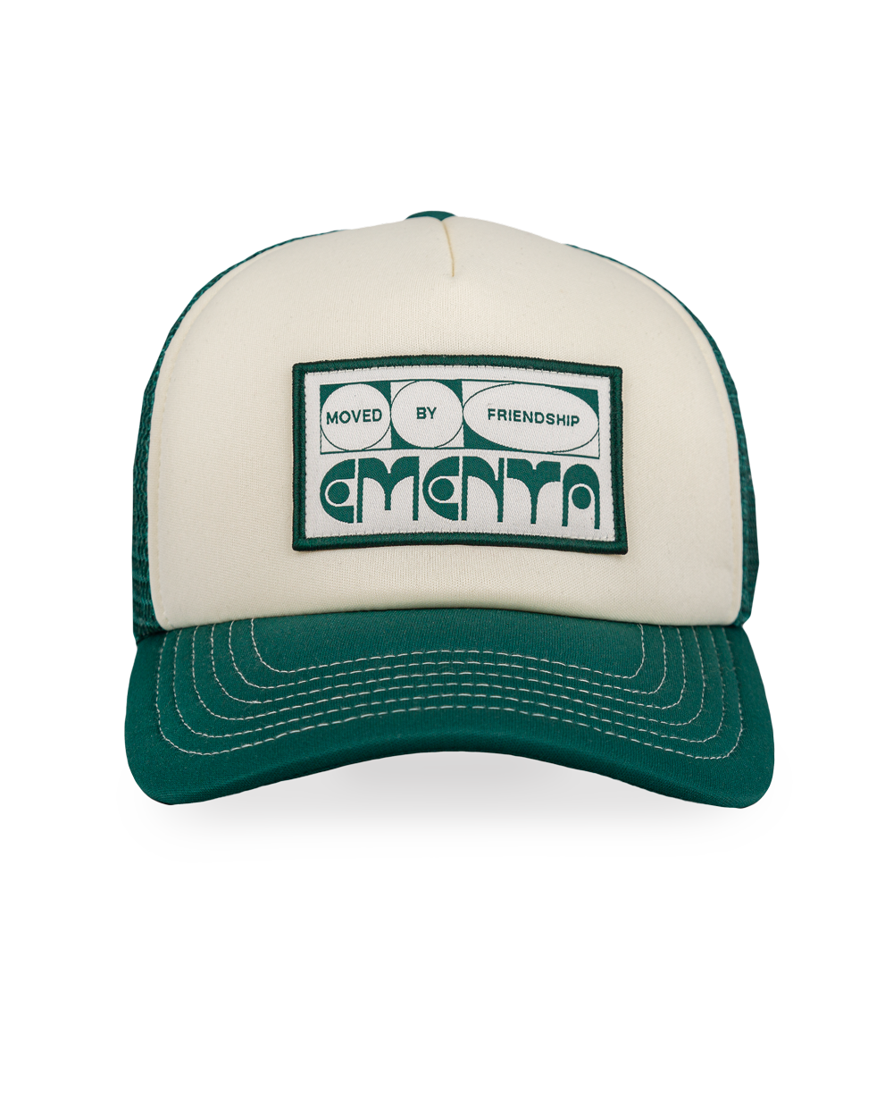 The Mbf Trucker Cap is a lightweight and breathable cap designed for everyday wear. It features a curved green brim with visible white stitching, adding a subtle contrast to the off-white front panel. A patch with our motto, ‘Moved By Friendship’, sits on the front, reflecting the spirit of connection and community. The cap’s breathable green mesh panels provide ventilation, while the adjustable back strap ensures a comfortable fit.