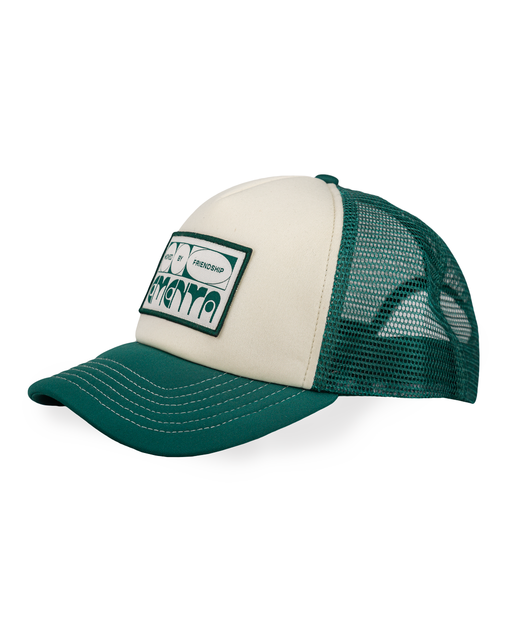 The Mbf Trucker Cap is a lightweight and breathable cap designed for everyday wear. It features a curved green brim with visible white stitching, adding a subtle contrast to the off-white front panel. A patch with our motto, ‘Moved By Friendship’, sits on the front, reflecting the spirit of connection and community. The cap’s breathable green mesh panels provide ventilation, while the adjustable back strap ensures a comfortable fit.