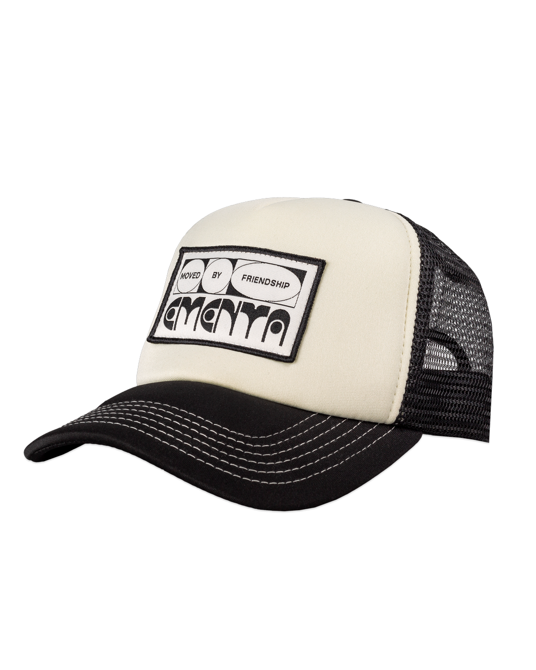 A classic breathable trucker cap featuring visible white stitching for a clean, modern look. The cap is designed for comfort and style, with an eye-catching patch that highlights out motto 'Moved By Friendship'.