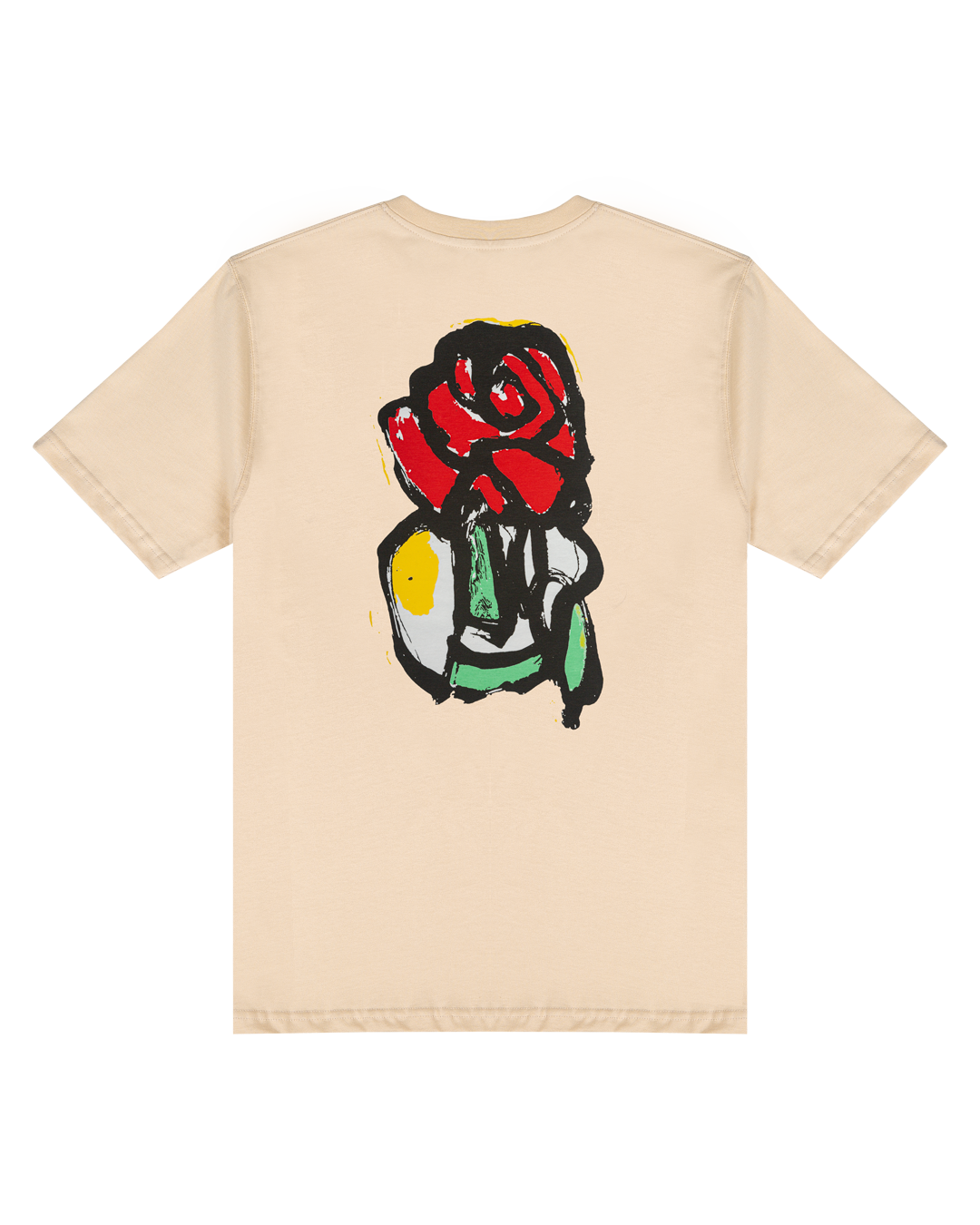 Made from soft cotton fabric, this beige t-shirt offers a comfortable fit that sits naturally on the body, designed to suit all. It features an embroidered signature and the Rosay design printed on the back.