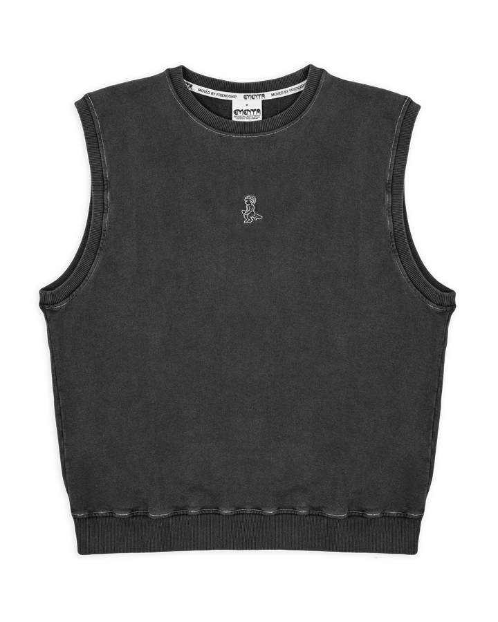 Cotton vest in grey washed, constructed from soft fabric, designed with a relaxed, loose fit for ease of movement. The vest features a subtle embroidered design on the chest, adding minimal detailing.