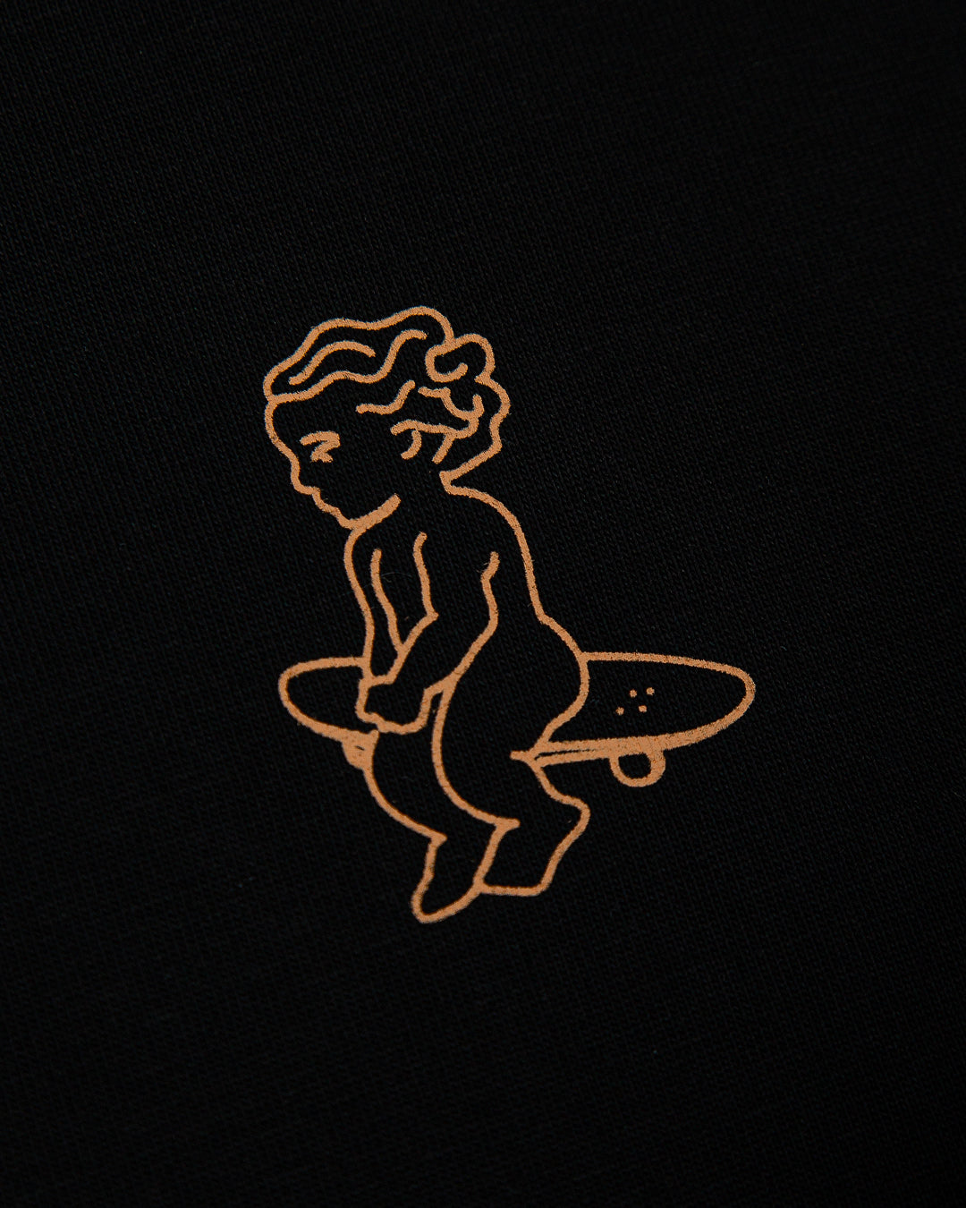 Crafted from 100% soft cotton, this black unisex t-shirt is designed to offer lasting durability while keeping its shape over time. The print features our Ikon logo on a skateboard in a vibrant peach color.