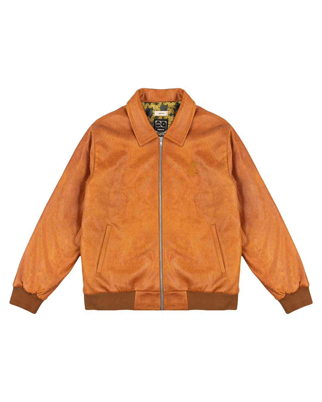 Suede camel puffed jacket with a soft feel, designed with diamond stitching on the inside for added comfort and structure. This jacket offers practical features such as two front pockets, one interior pocket, and is made with a blend of materials for warmth.