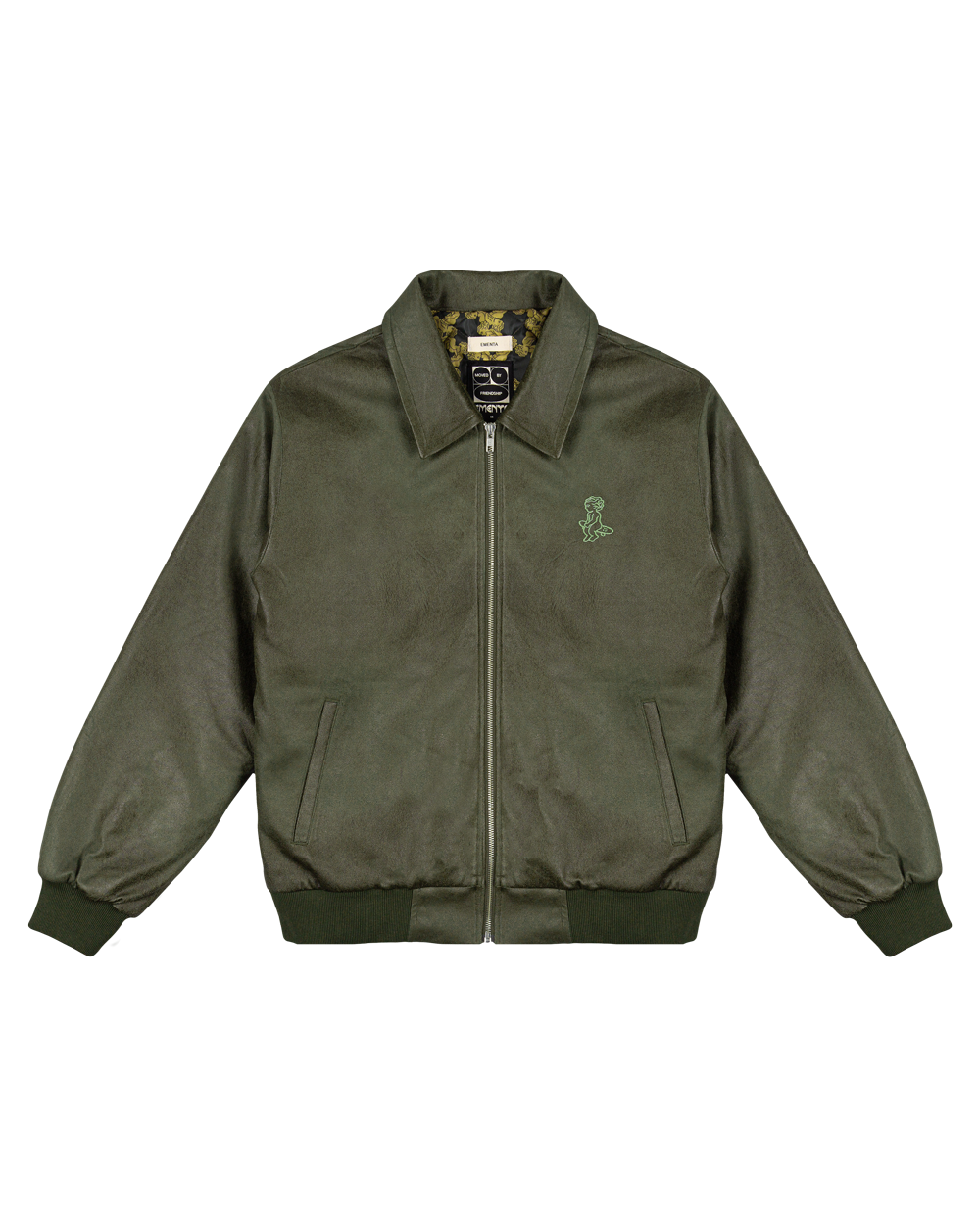 Suede green puffed jacket with a soft feel, designed with diamond stitching on the inside for added comfort and structure. This jacket offers practical features such as two front pockets, one interior pocket, and is made with a blend of materials for warmth.