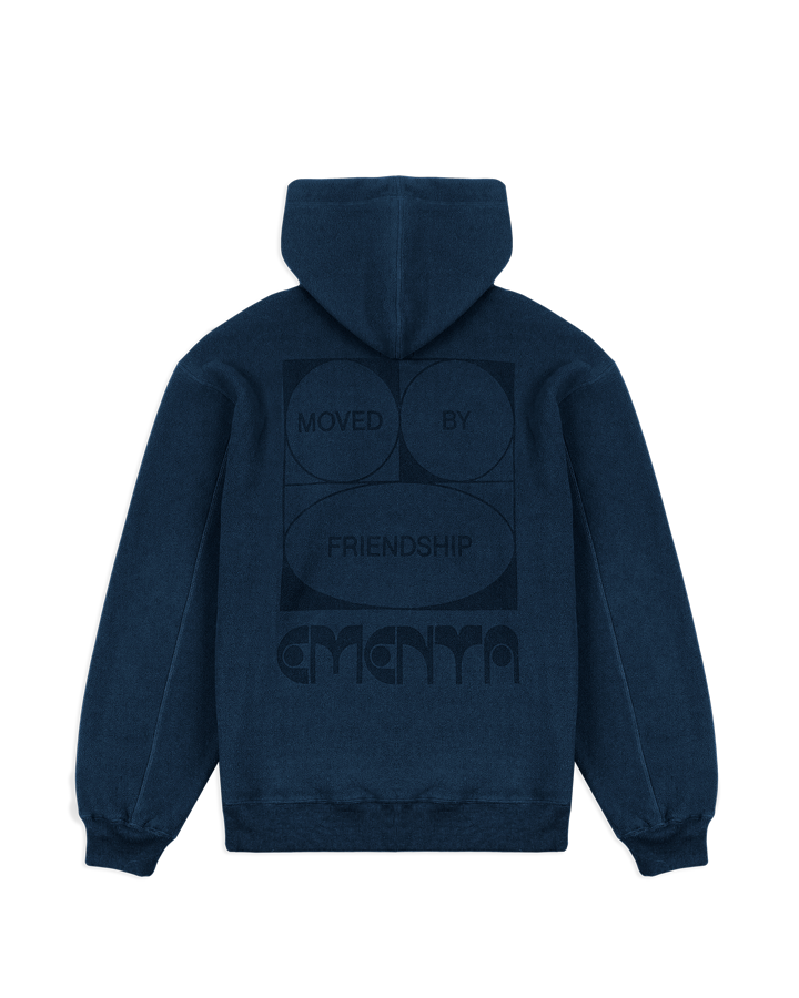 Polar hoodie with a baggy fit, designed for ultimate comfort and warmth. The front features the Ementa logo, while the back showcases the motto, "Moved by Friendship." It also includes a branded hoodie lace, adjustable cuffs, and waist, and two zips on the front pocket, making it both practical and cozy.