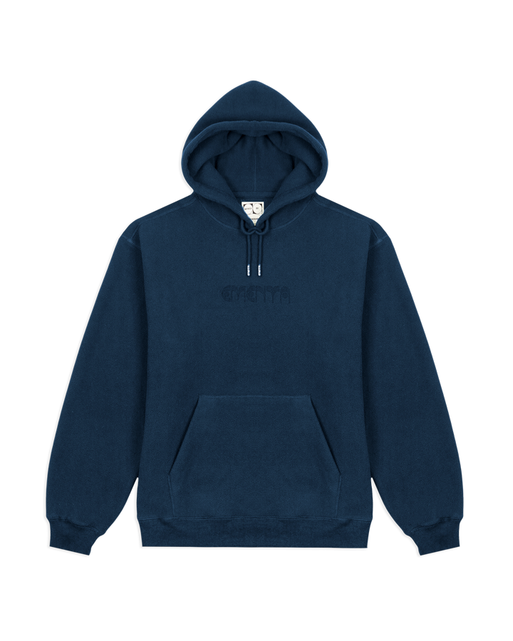 Polar hoodie with a baggy fit, designed for ultimate comfort and warmth. The front features the Ementa logo, while the back showcases the motto, "Moved by Friendship." It also includes a branded hoodie lace, adjustable cuffs, and waist, and two zips on the front pocket, making it both practical and cozy.