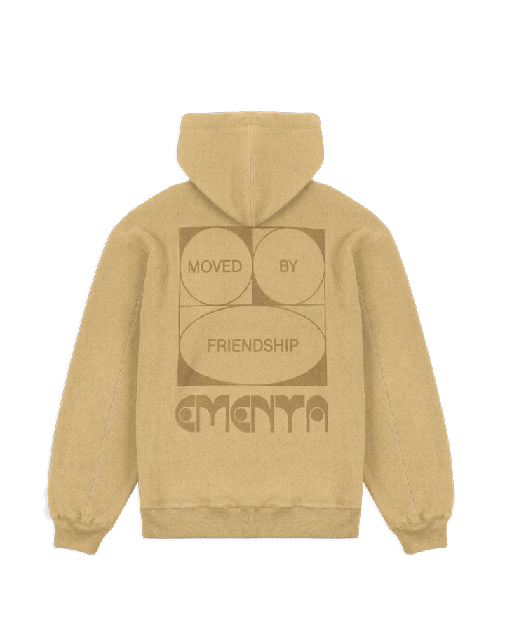 Polar hoodie with a baggy fit, designed for ultimate comfort and warmth. The front features the Ementa logo, while the back showcases the motto, "Moved by Friendship." It also includes a branded hoodie lace, adjustable cuffs, and waist, and two zips on the front pocket, making it both practical and cozy.